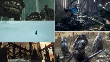 A collage of Soulsborne DLCs: The Crowns from Dark Souls 2, Artorias of the Abyss from Dark Souls, and Ashes of Ariandel from Dark Souls 3