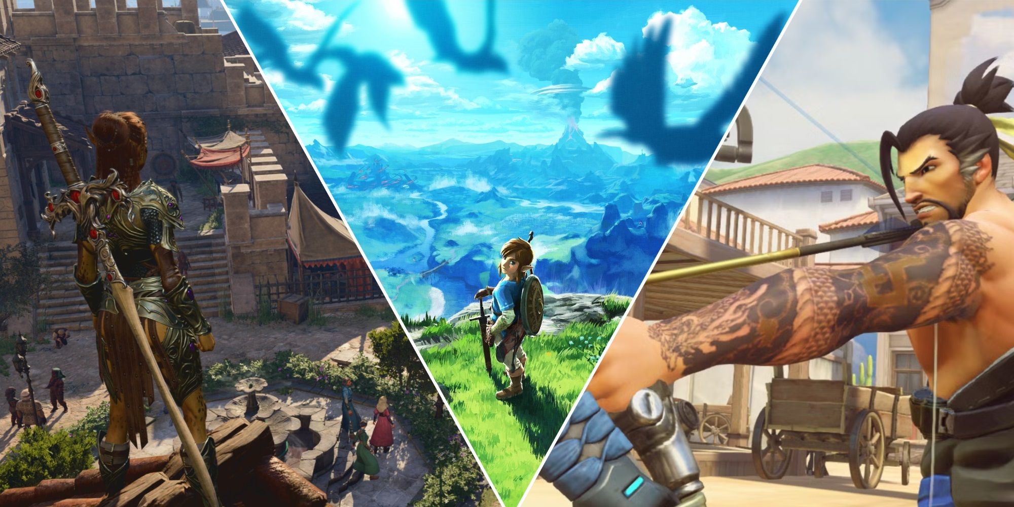 A collage of images from some Game of the Years Winners: Baldur's Gate 3, The Legend of Zelda: Breath of the Wild, and Overwatch