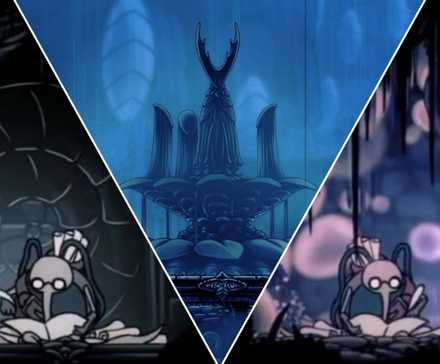 A collage of some Hollow Knight's Hardest Areas: Kingdom's Edge, City of Tears, and Fog Canyon