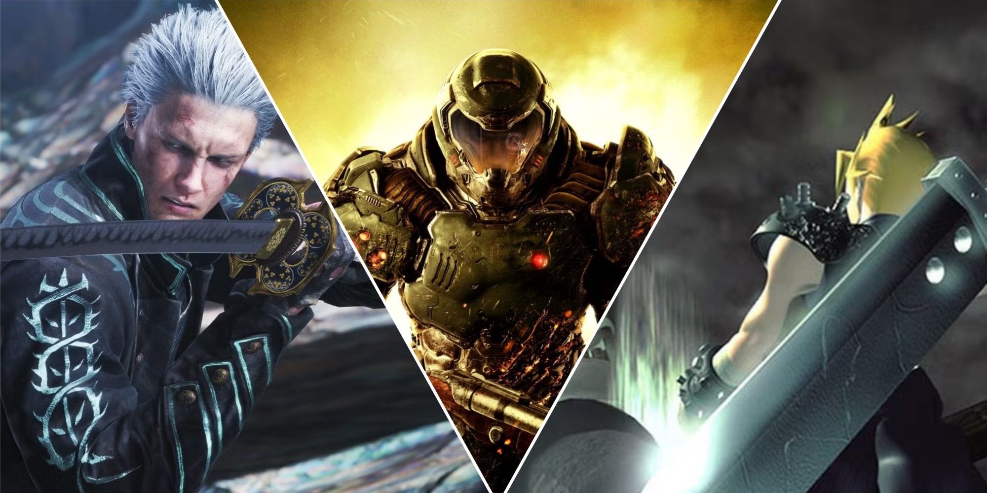 A collage of games with iconic songs that transcend gaming: Devil May Cry 5, DOOM, and Final Fantasy 7