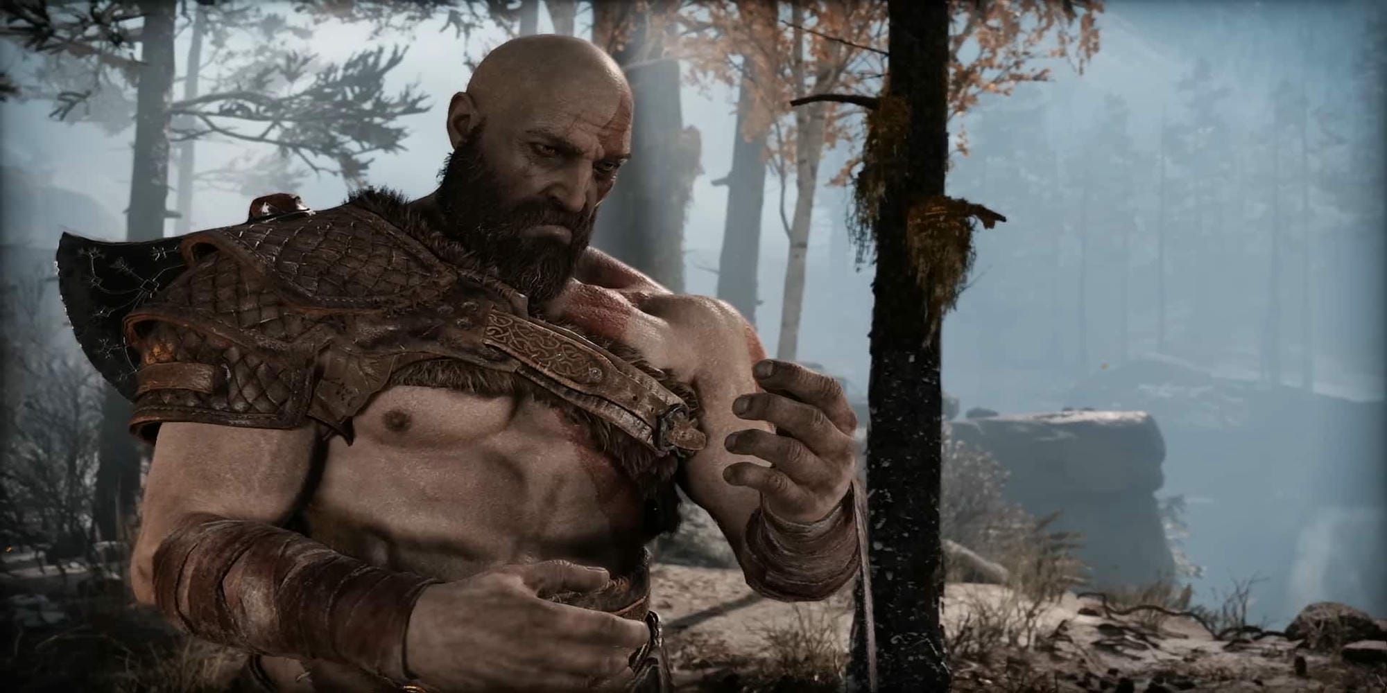 Kratos looking sad in God of War