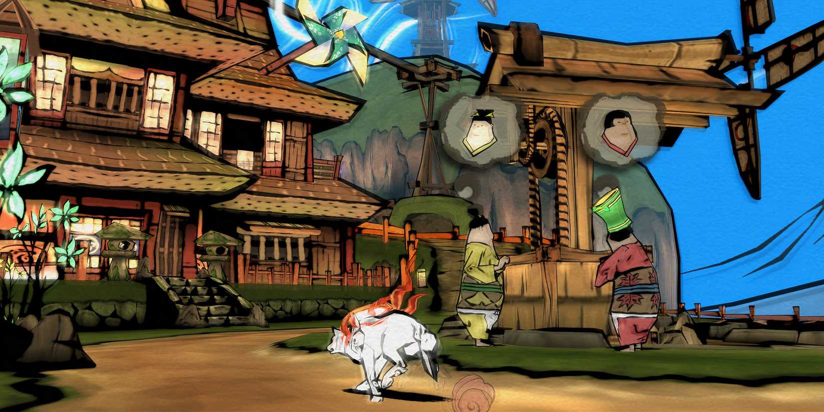 okami protagonist amaterasu running outside towards a house with two civilians in the backdrop