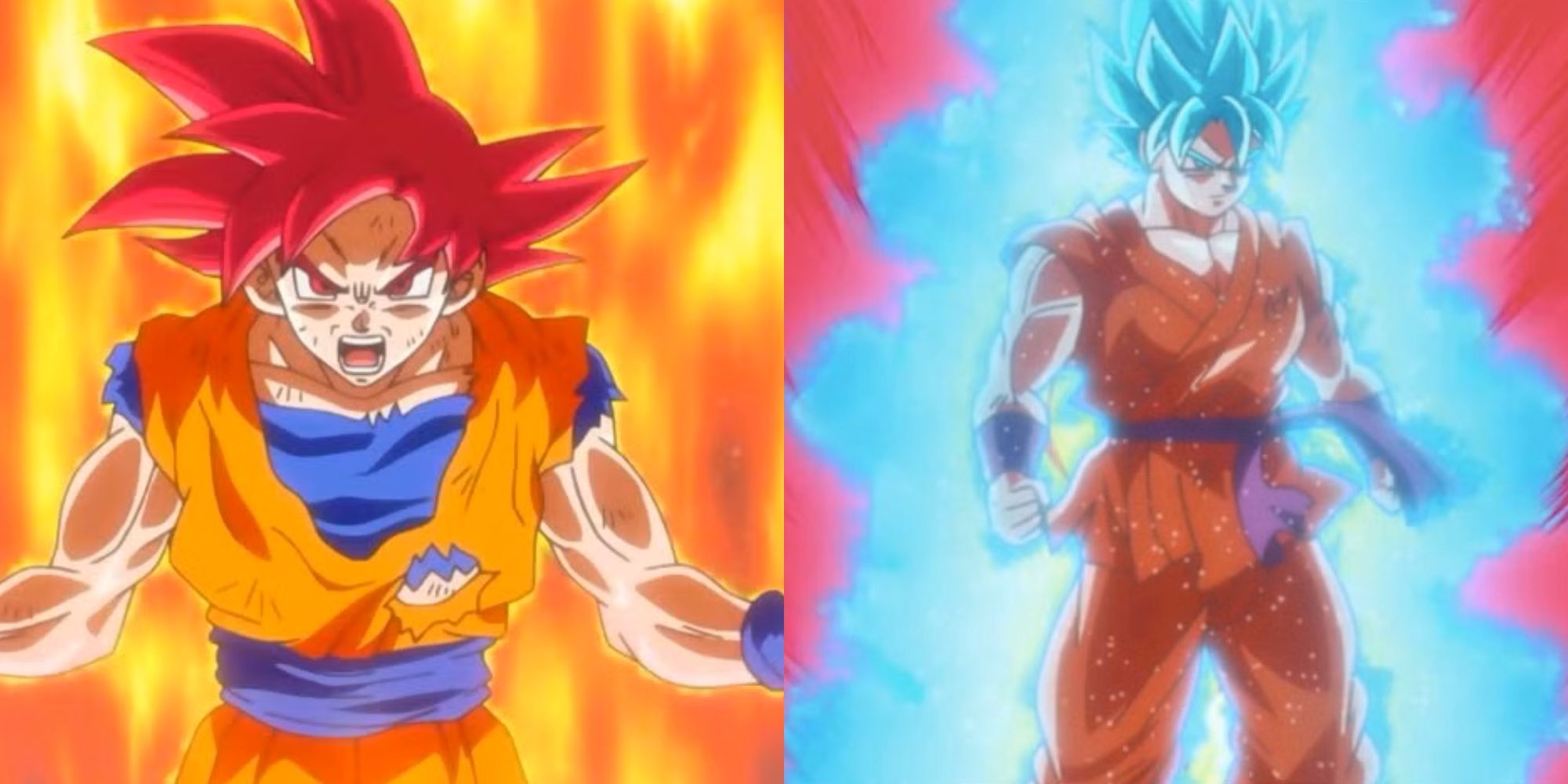Dragon Ball Super Split image of Goku Super Saiyan God and Goku Super Saiyan Blue