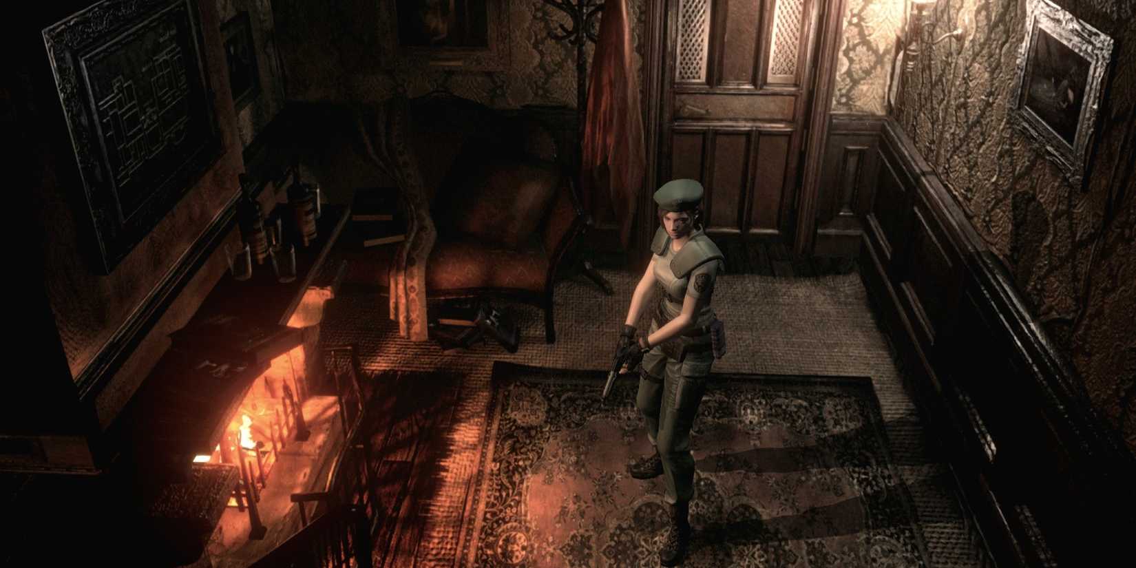 Jill stands by a fireplace in the Resident Evil remake