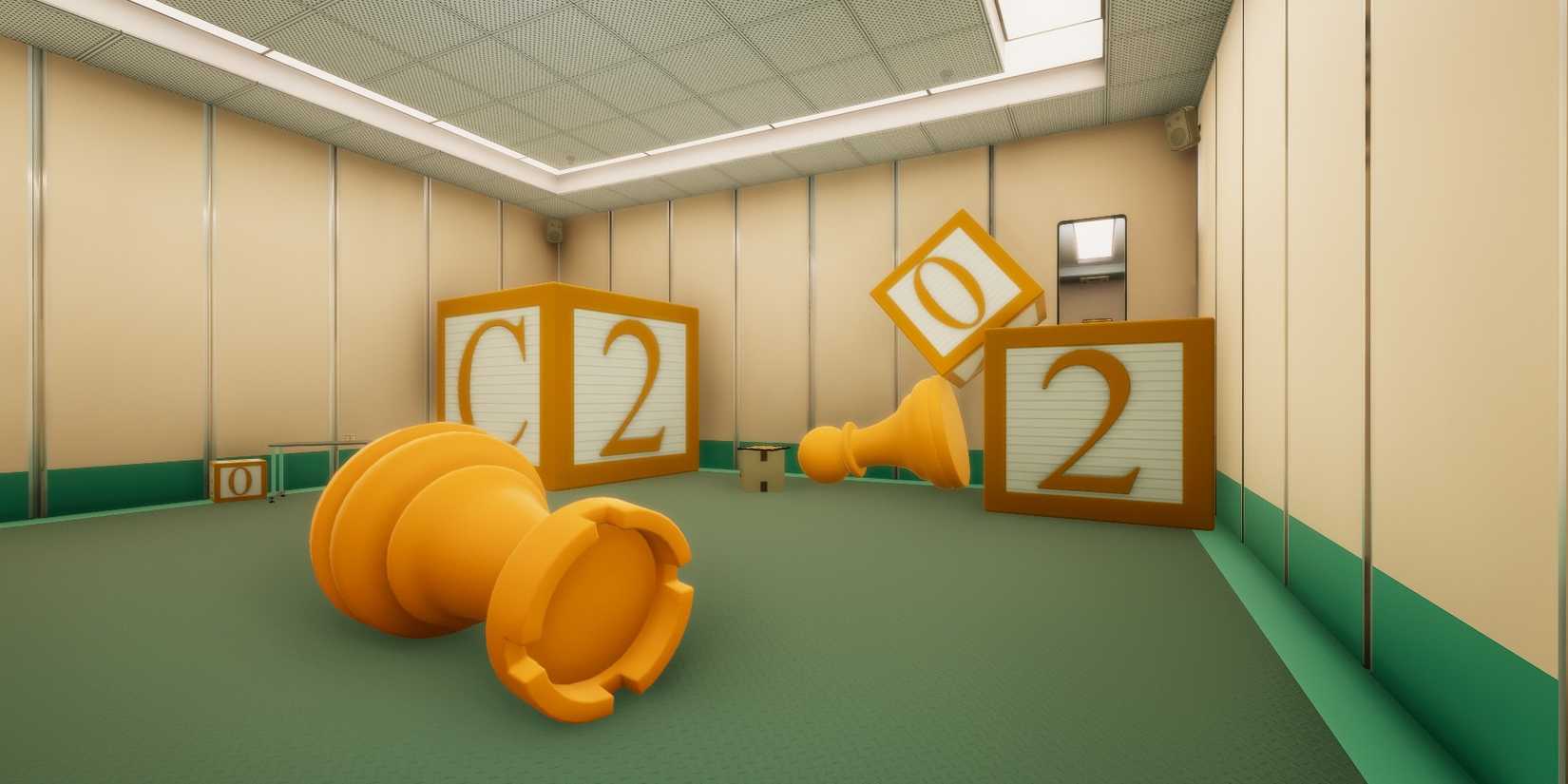 Stacked blocks and chess pieces in Superliminal