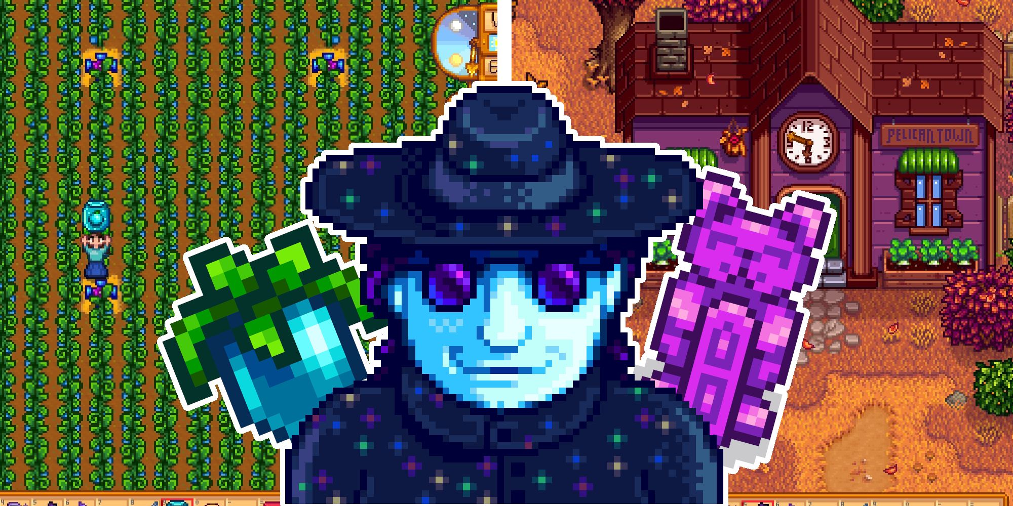 Thumbnail for the Stardew Valley Challenge Runs article, with Mr. Qi, Ancient Fruit, the Community Center, and the Statue of Endless Perfection.