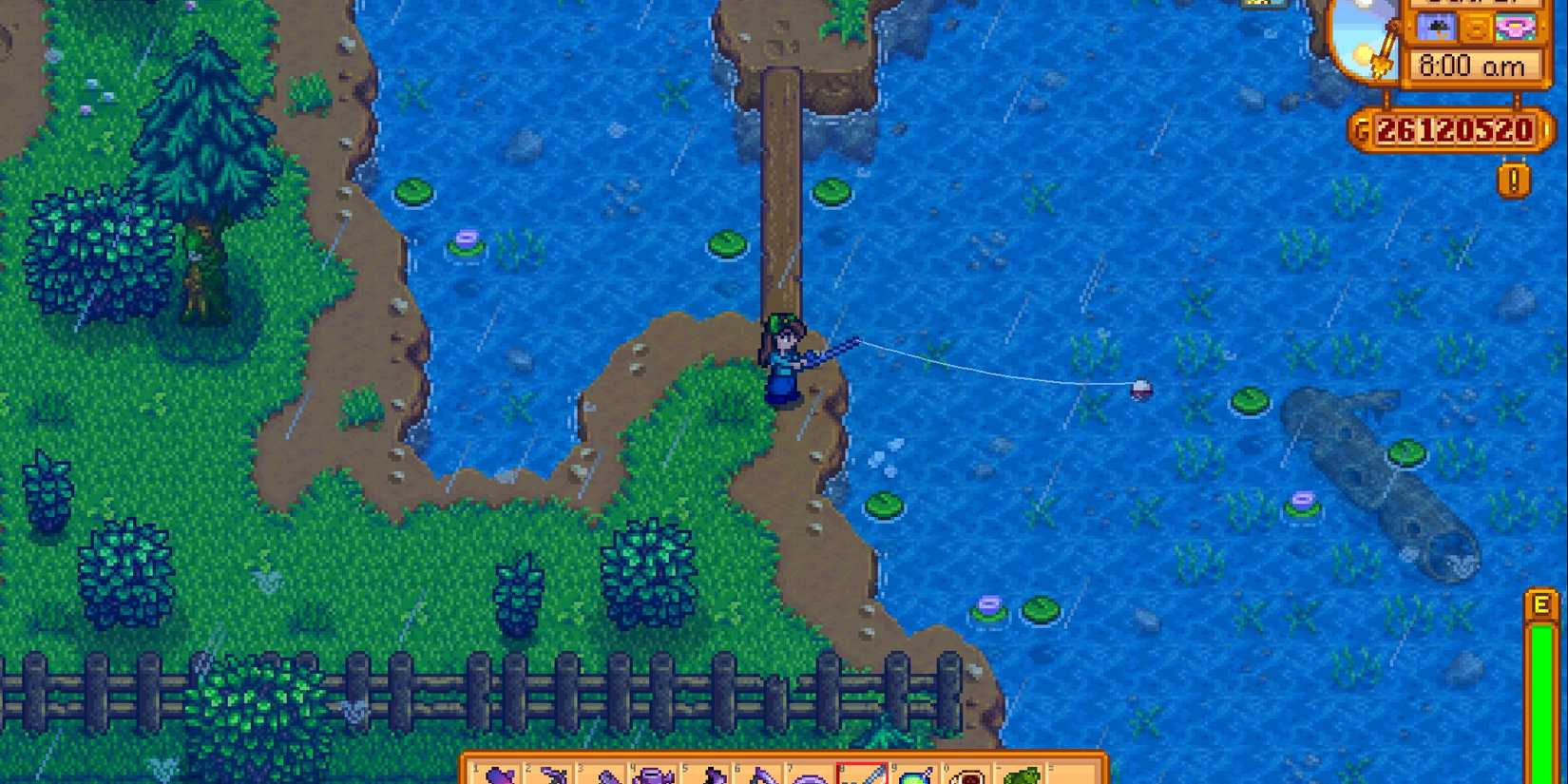 Screenshot of Stardew Valley, with the player Fishing for the Legendary in the lake.