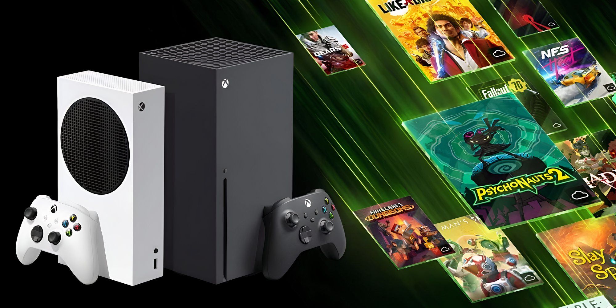 An Xbox Series S and X next to a series of titles.