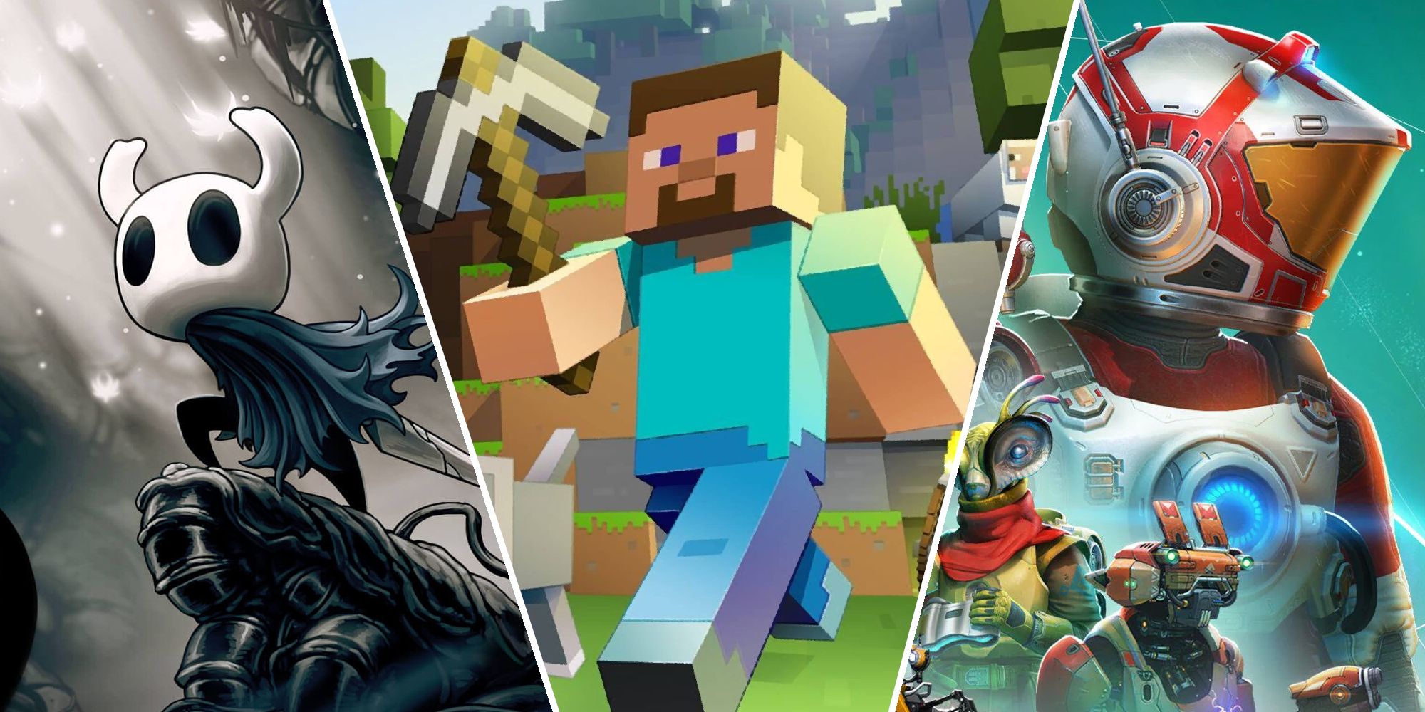 Thumbnail for the Best Free Game Updates List, featuring Hollow Knight, Minecraft, aand No Man's Sky.