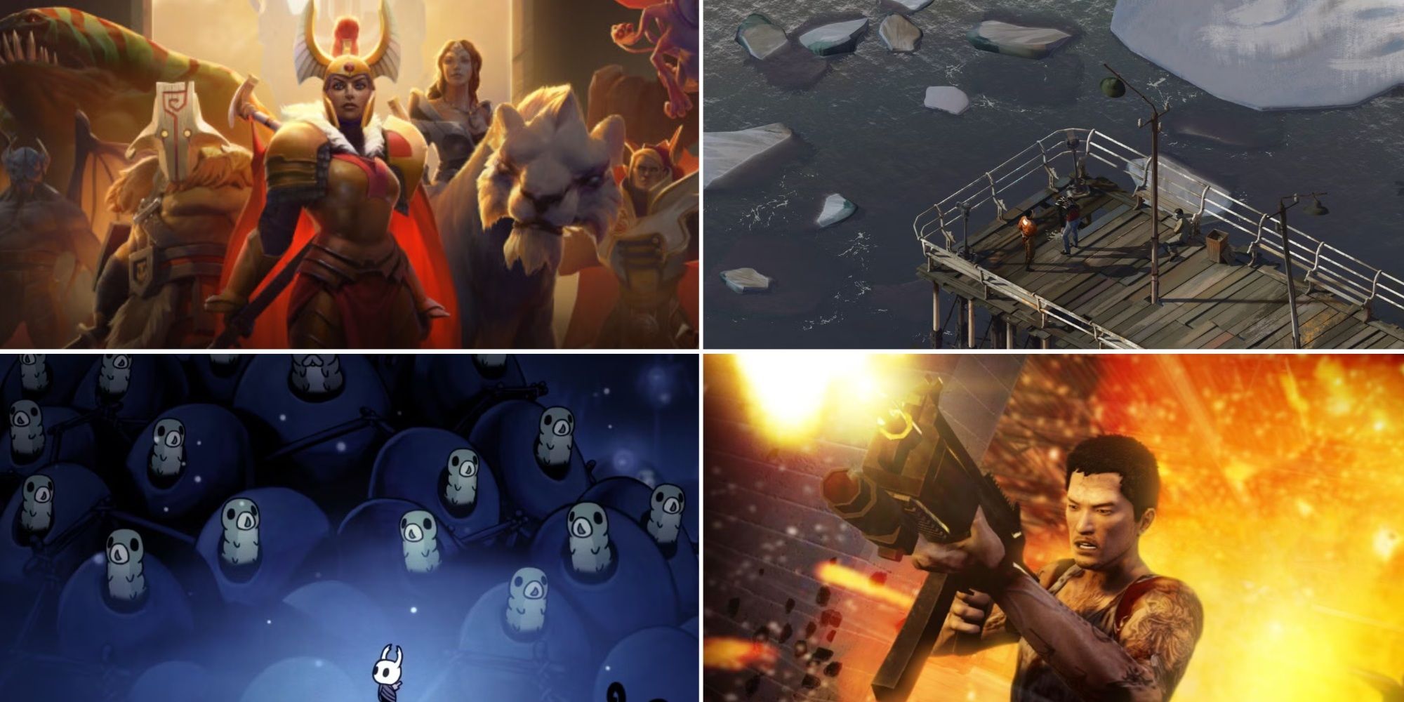A collage of images from some of the Best Games From One Hit Wonder Developers: DOTA 2, Disco Elysium, Hollow Knight, and Sleeping Dogs