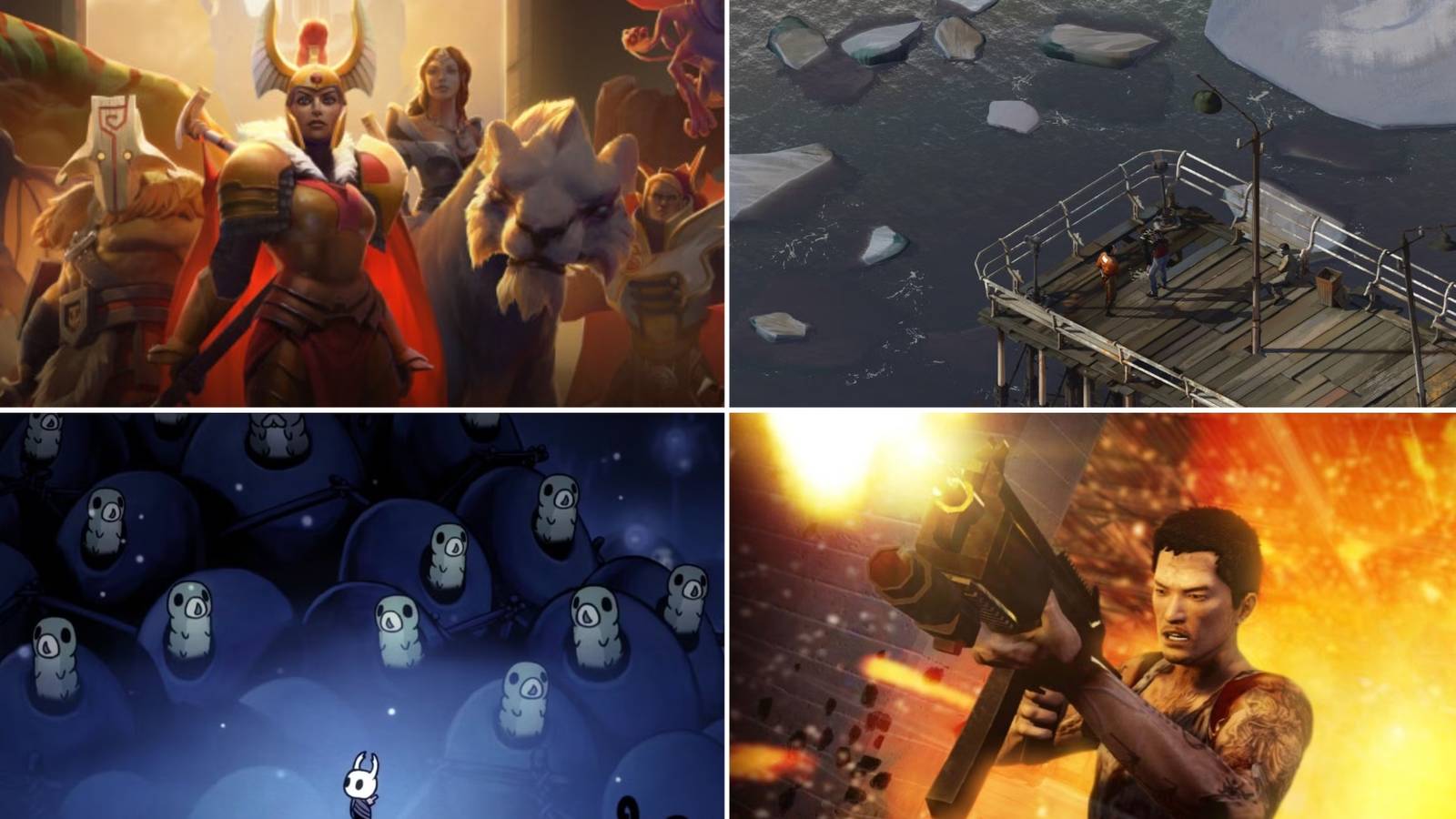 A collage of images from some of the Best Games From One Hit Wonder Developers: DOTA 2, Disco Elysium, Hollow Knight, and Sleeping Dogs