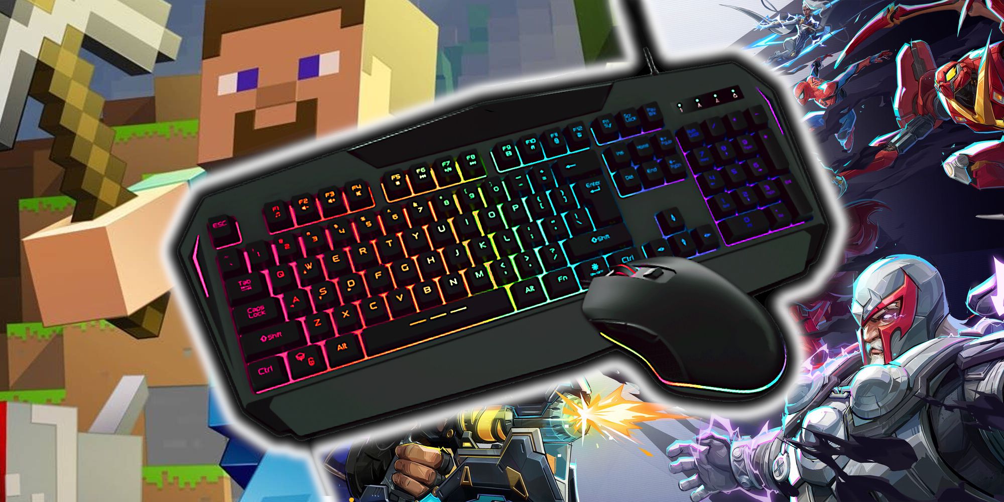 Thumbnail for the Best Game Genres on Keyboard and Mouse, featuring a Keyboard and Mouse, along with Minecraft and Marvel Rivals.