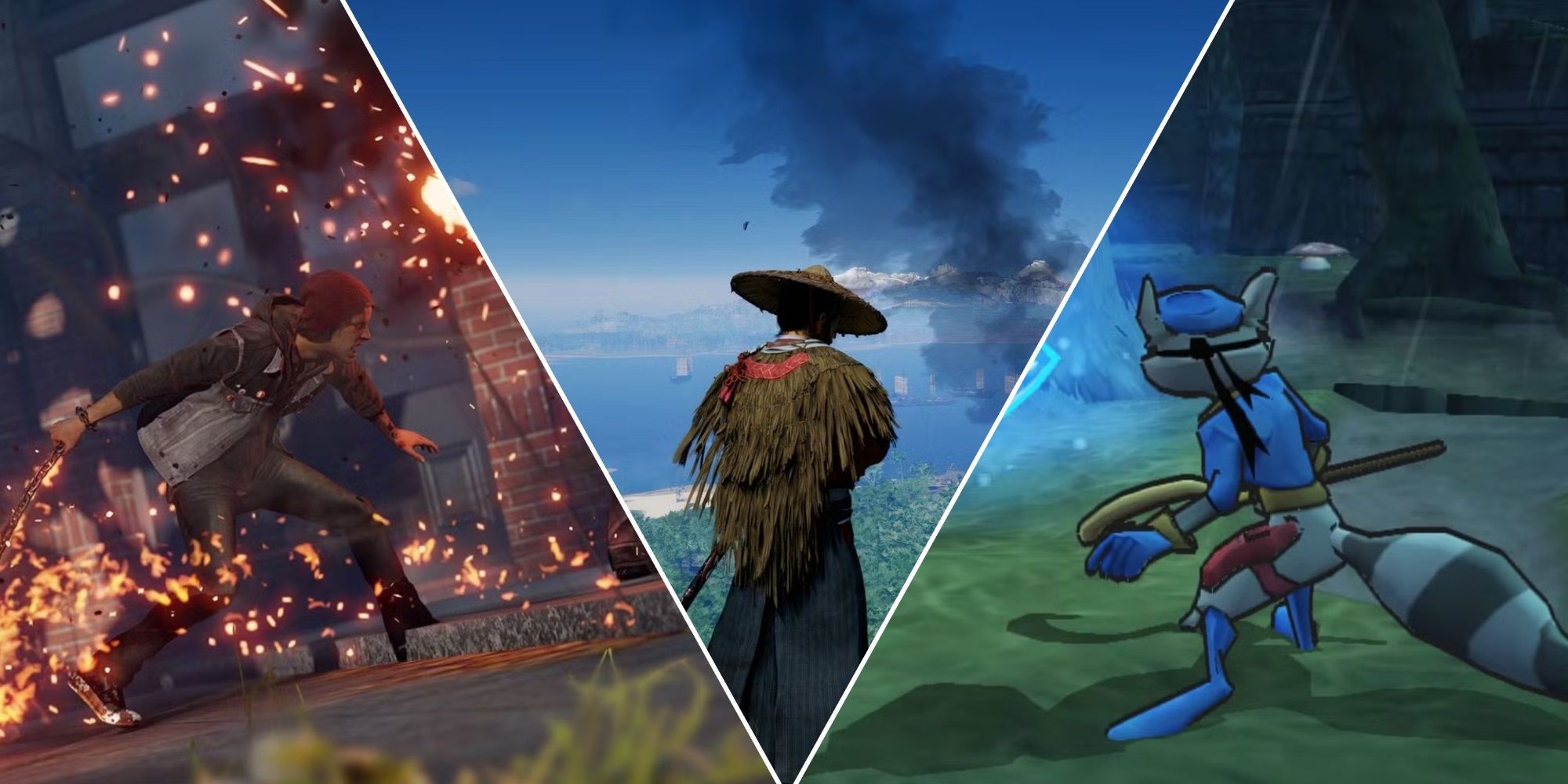 A collage of Sucker Punch games: inFamous: Second Son, Ghost of Tsushima, and Sly 2: Band of Thieves