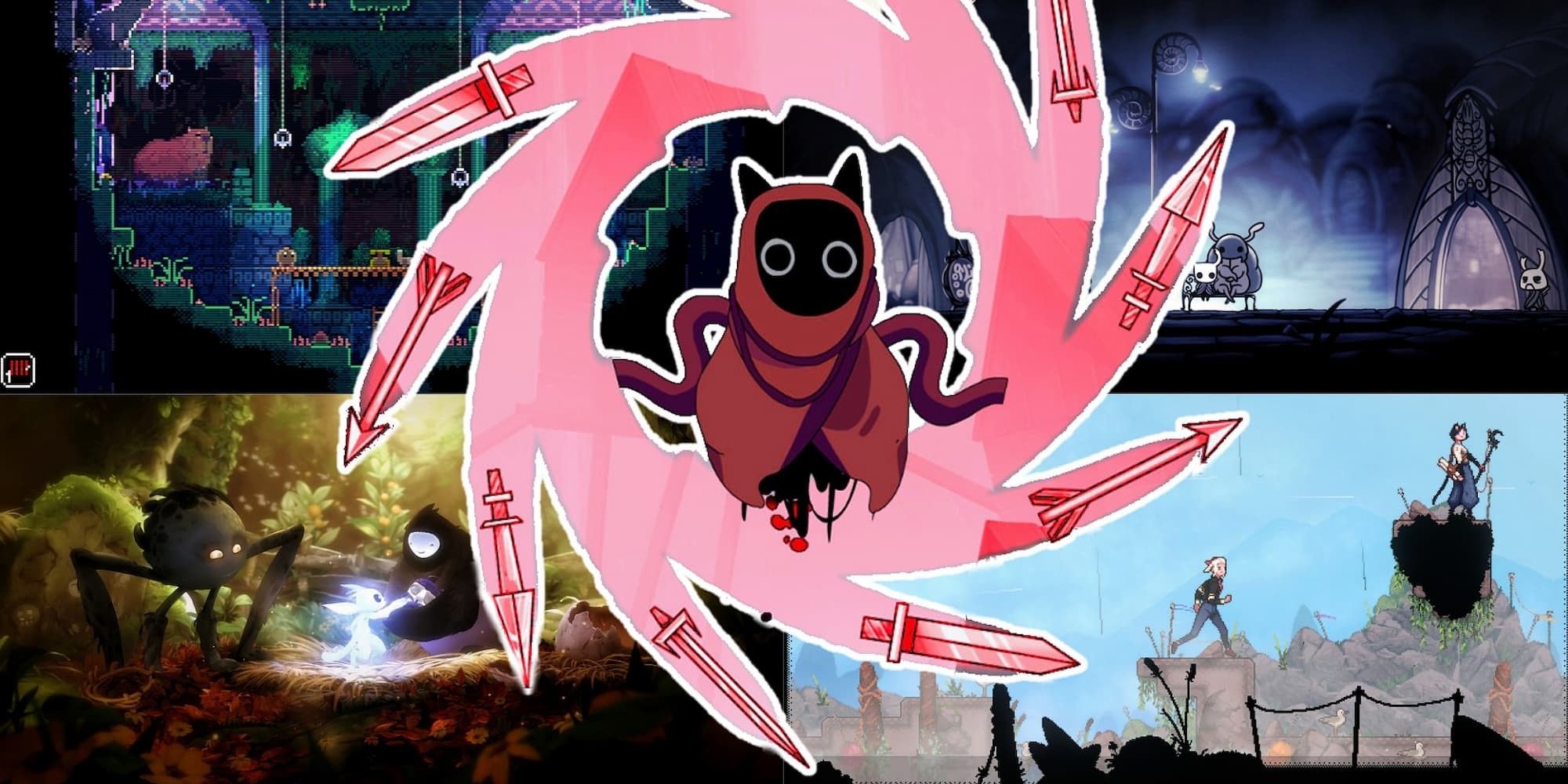 Acogedor collage de imágenes de Metroidvania con imágenes de Animal Well, Hollow Knight, Ori, Magical Delicacy e Islotes
