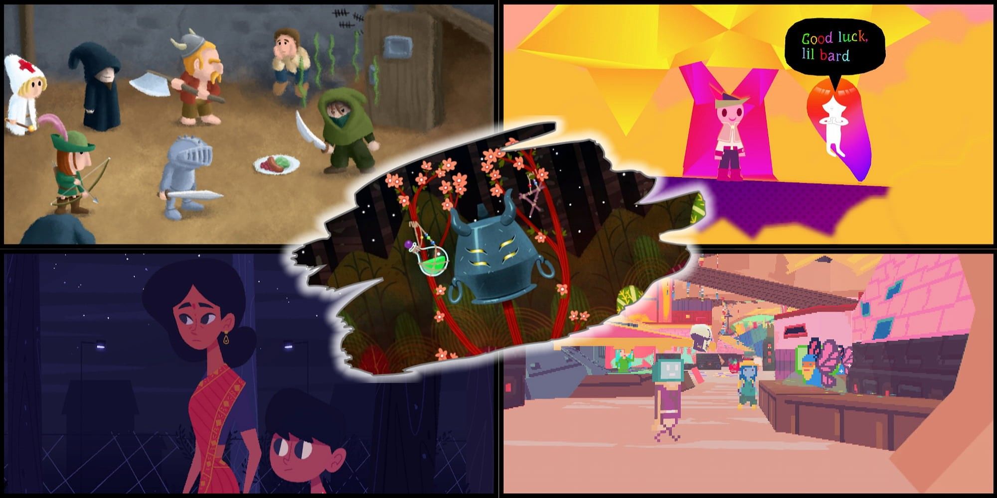 Games Where You're The Supporting Character Collage with Images from Healer's Quest, Wandersong, Venba, Diaries of a Spaceport Janitor, and Wytchwood