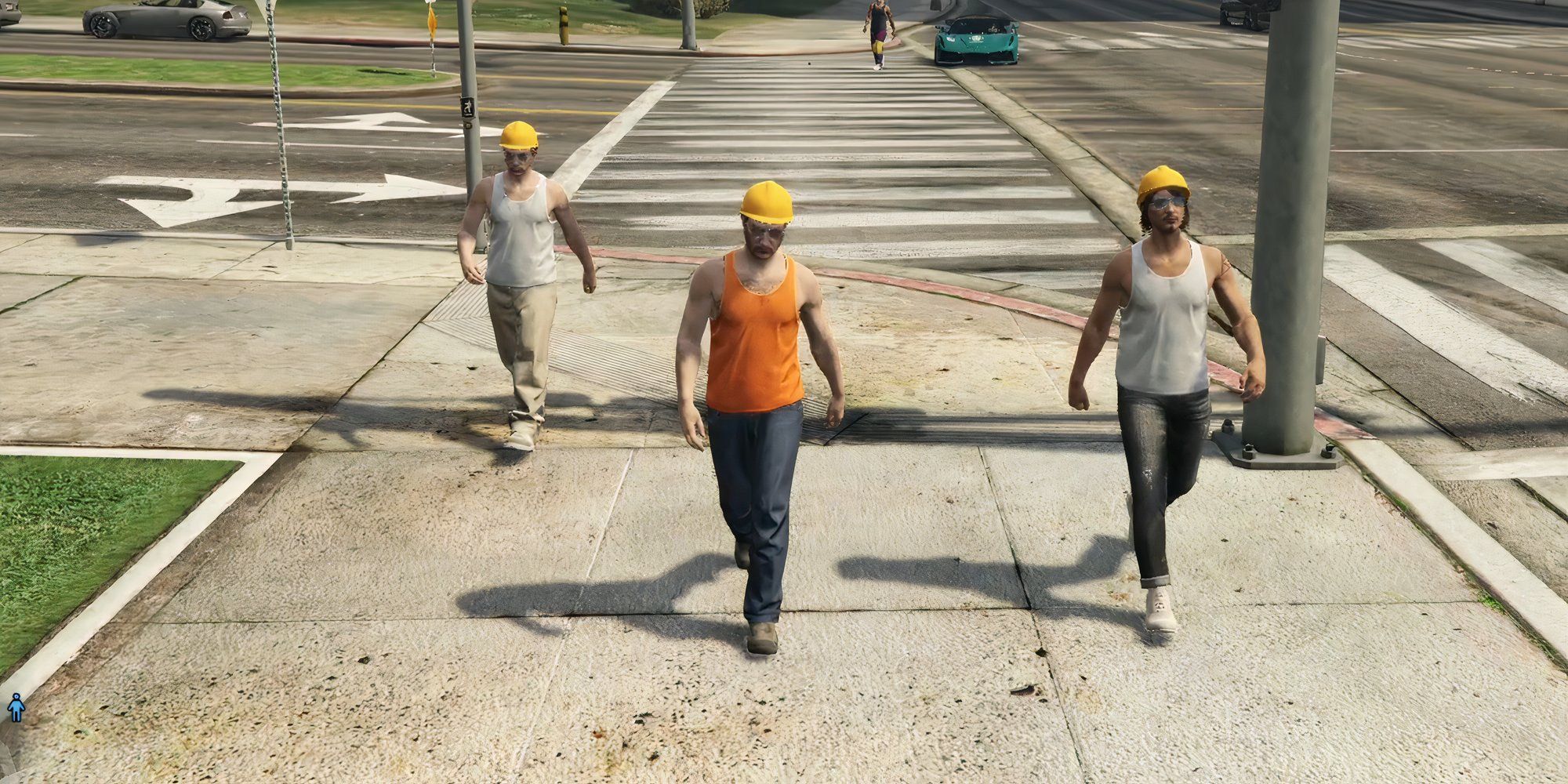Three men in hard hats walking through Los Santos.