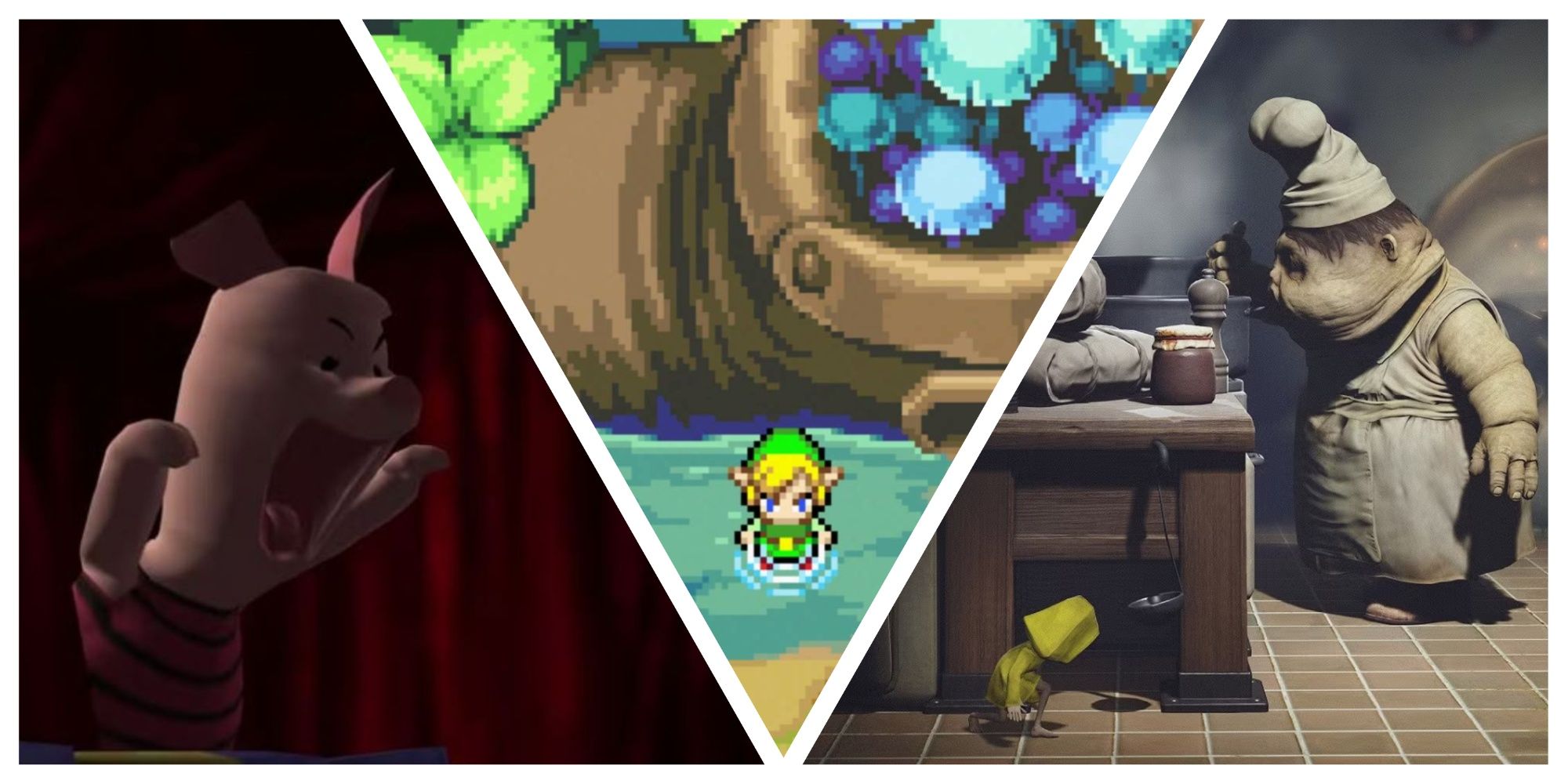 Split image of gameplay screenshots from Little Nightmares, Piglet's BIG Game and The Legend of the Zelda The Minish Cap