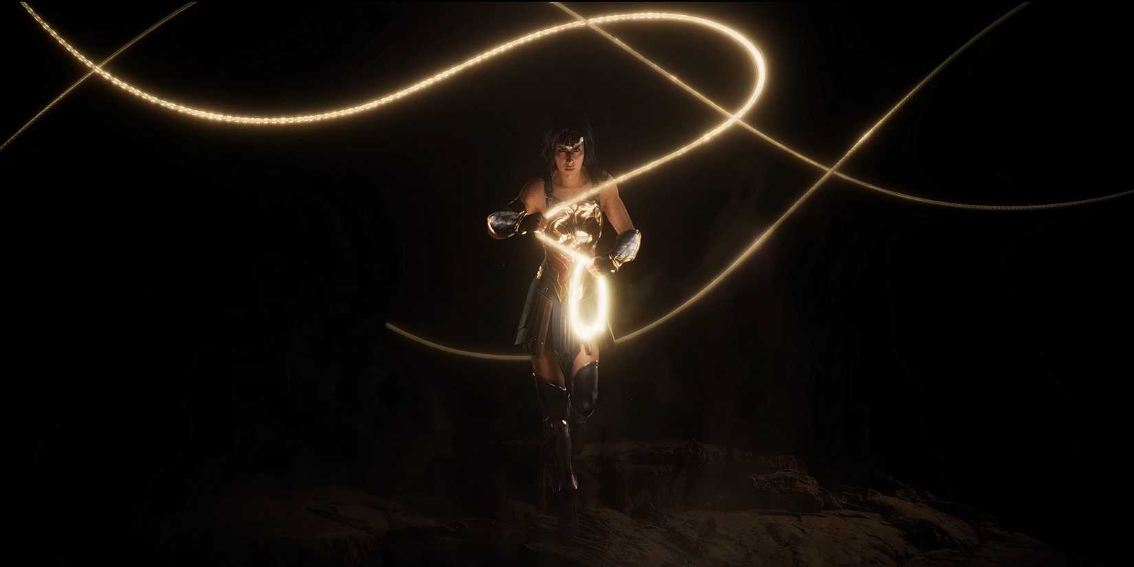 wonder woman on a black background wielding her lasso 