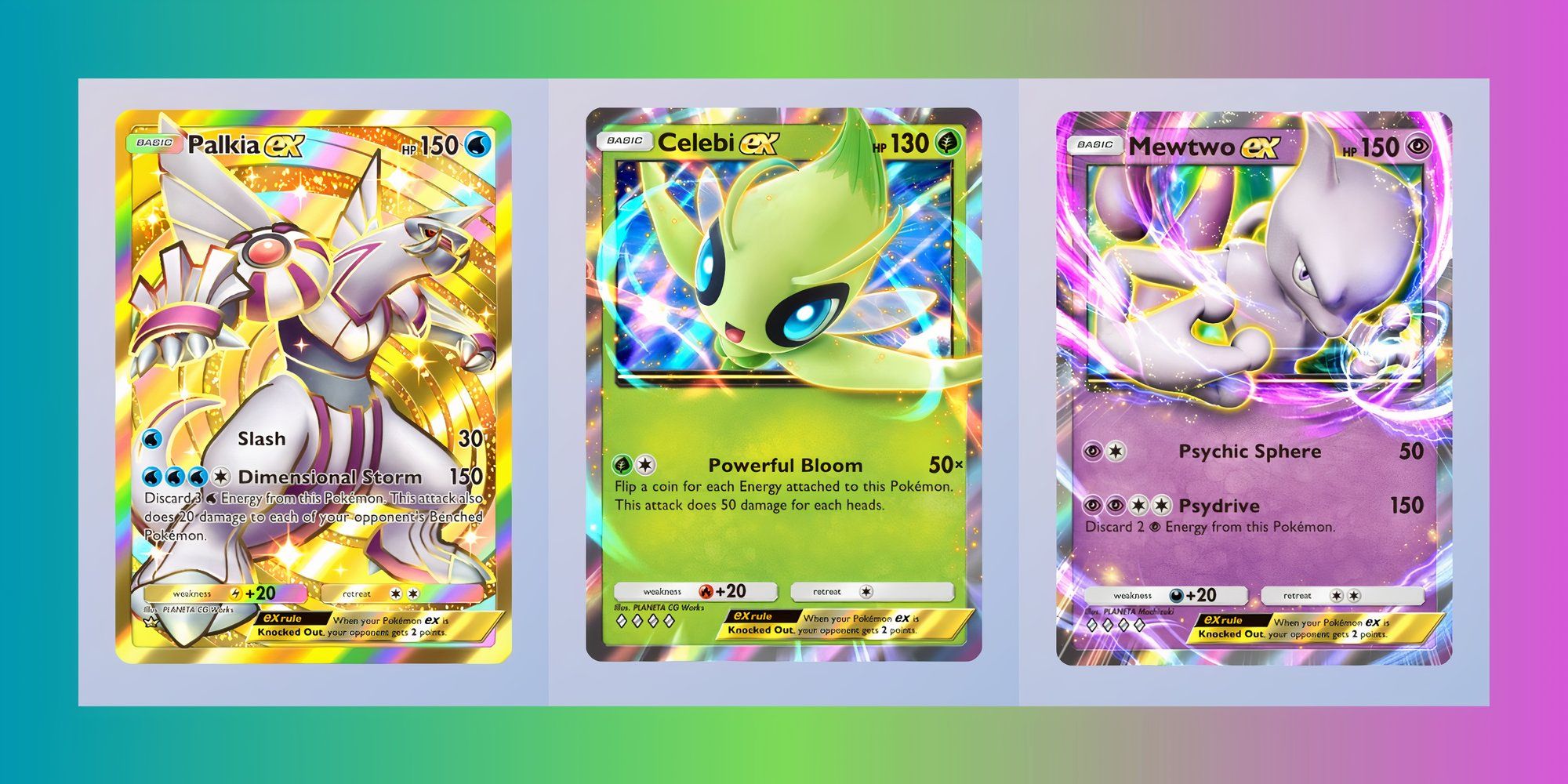 Pokemon TCG Pocket's Palkia Ex Card, Celebi EX Card, and Mewtwo EX Card
