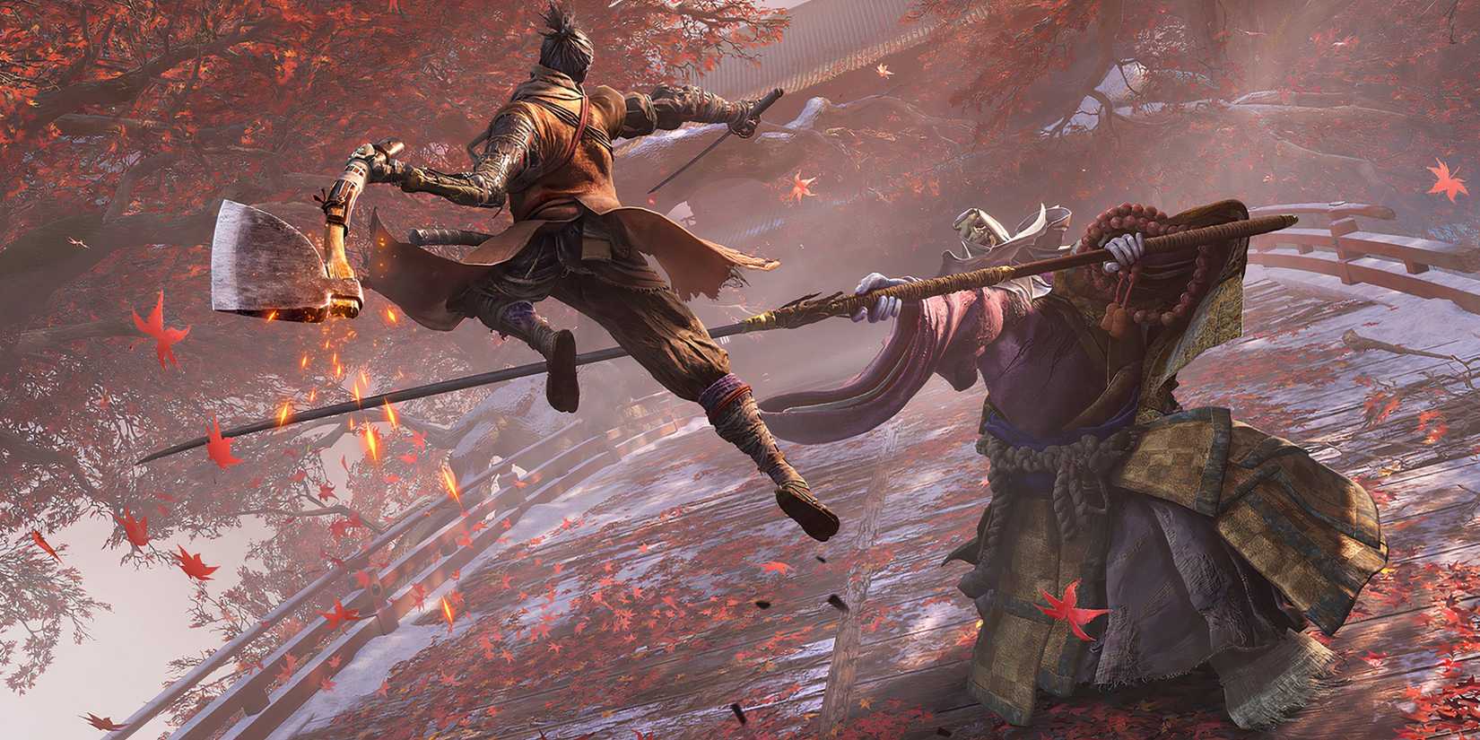 Sekiro Shadows Die Twice Wolf Fighting A Boss Outside Surrounded By Red Leaves