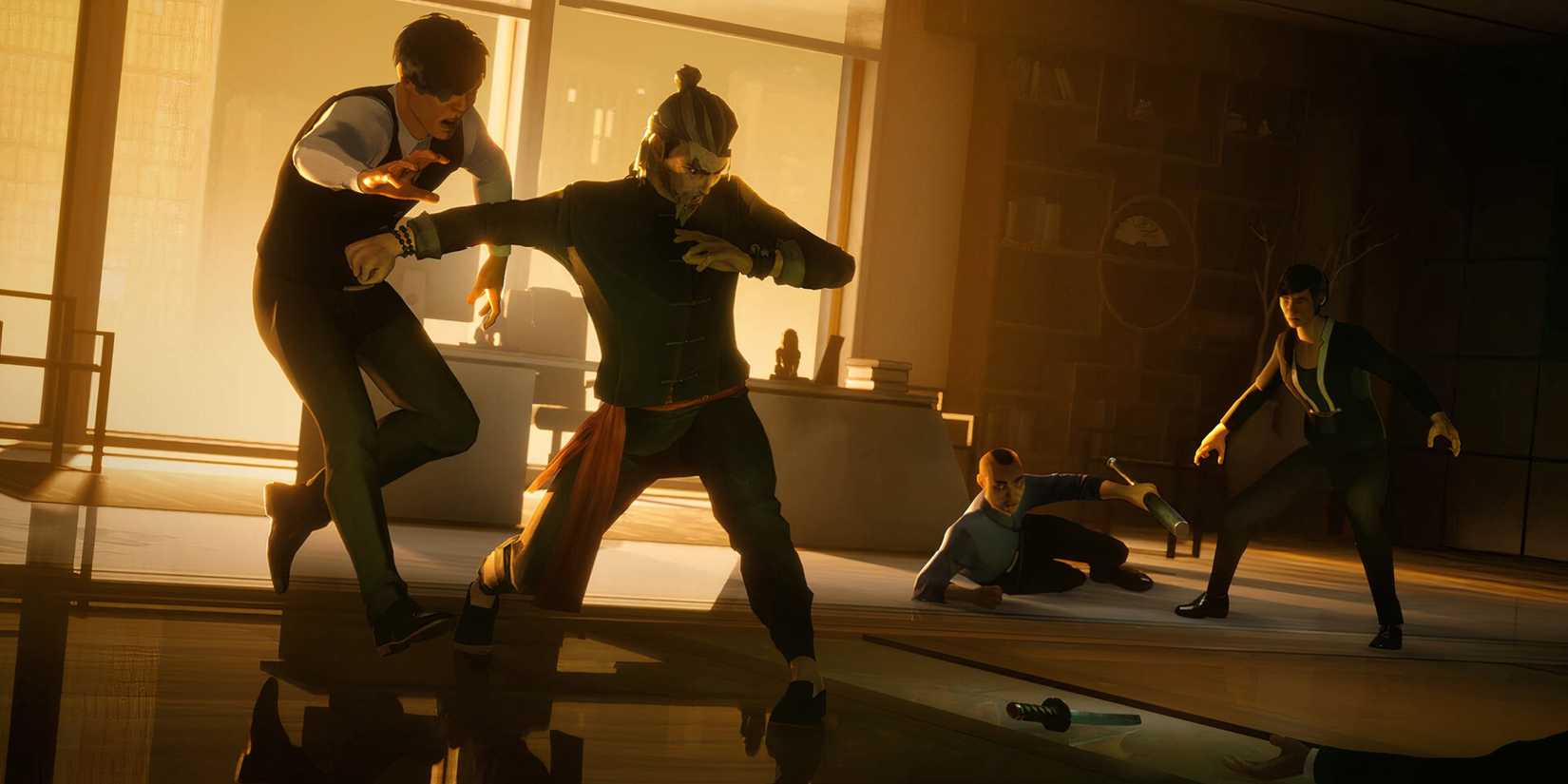 Sifu Protagonist Heading Towards Knife Inside Room As Three Characters Watch Him