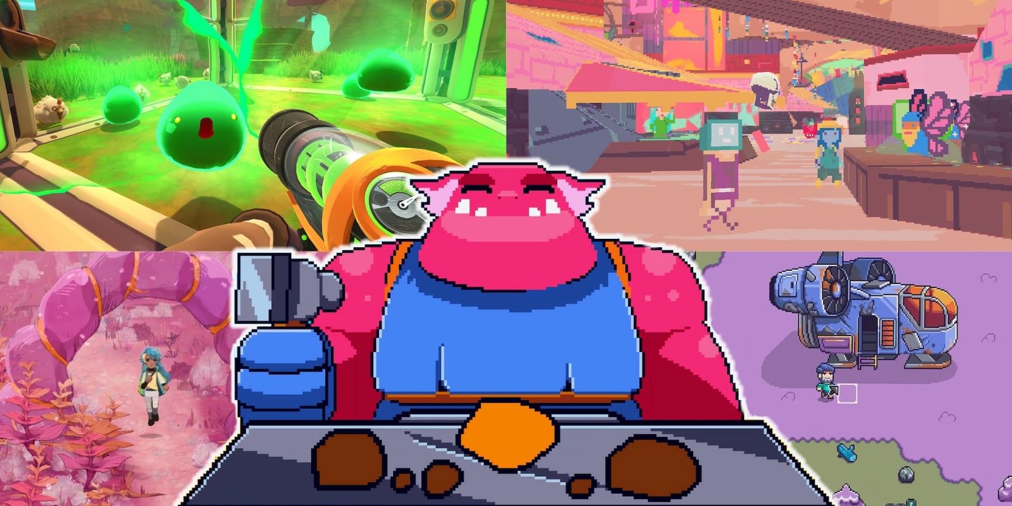 Best Cozy Games Set in Space Collage with Images from Slime Rancher, Diaries of a Spaceport Janitor, I Was a Teenage Exocolonist, and Farlands