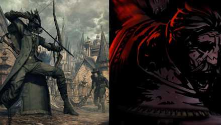 Split shot of Bloodborne hunter fighter with Simon's Bowblade and Darkest Dungeon Ancestor running away from opening cutscene