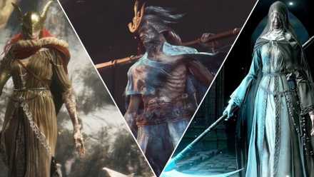 A collage of some of the Best Class Soul Masters: Malenia from Elden Ring, Isshin, Sword Saint from Sekiro: Shadows Die Double, and Sister Friede from Dark Souls 3: Ashes of Ariandel