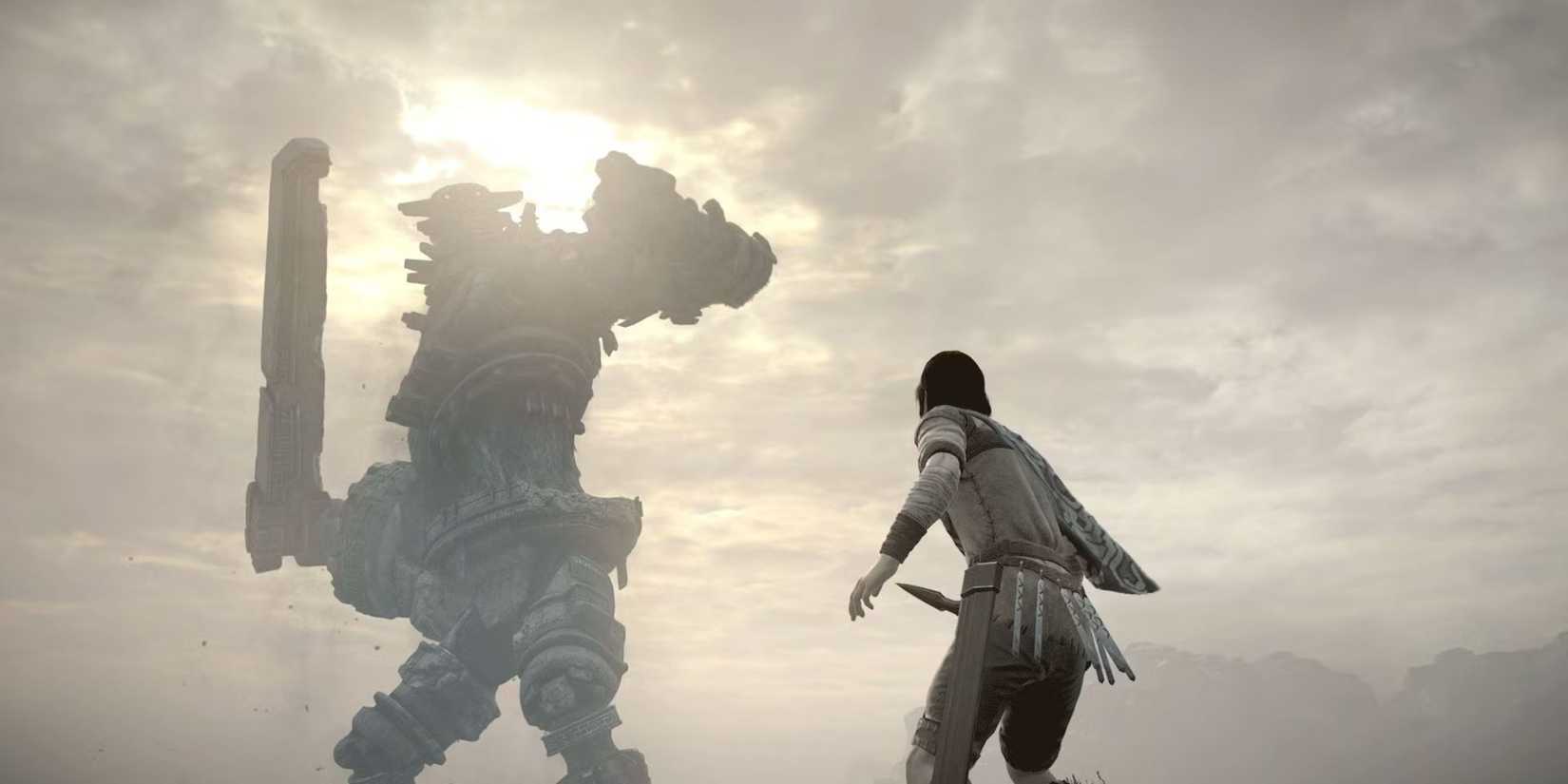 Shadow Of The Colossus character looks up at a colossus with sword at the ready