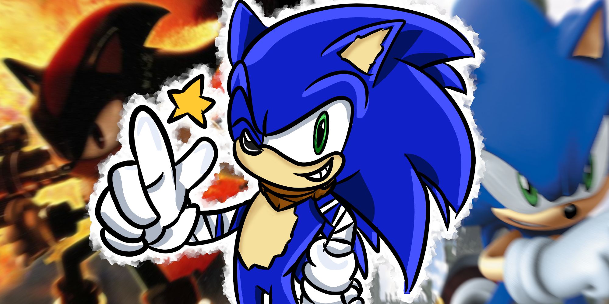 Thumbnail for the Sonic Was Always Good feature, with Shadow the Hedgehog and Sonic 06 featured alongside a hand-drawn rendition of Sonic from Sonic Boom, by Monica Phillips.