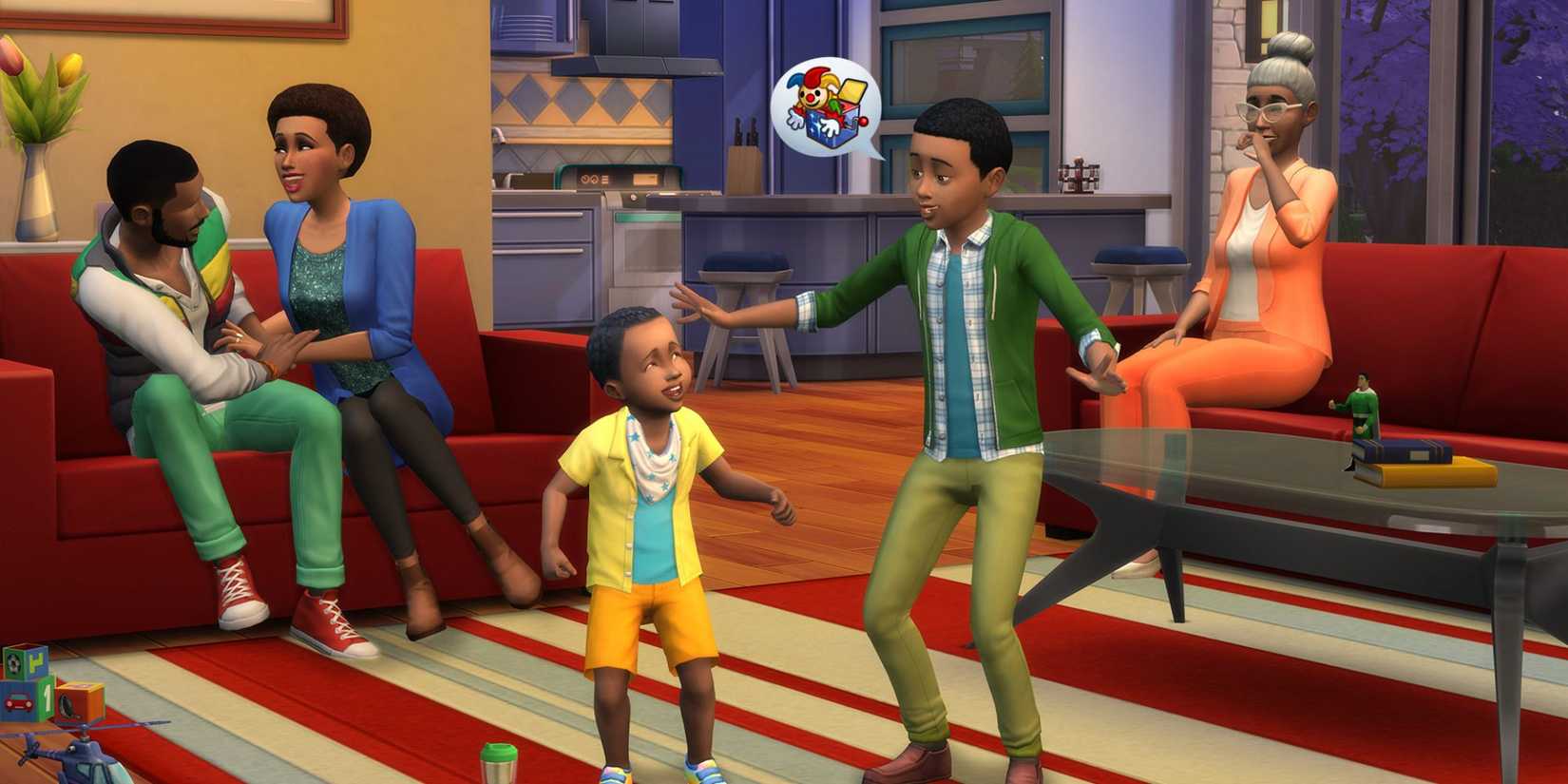 The Sims 4, two kids chatting with one of them showing a jack-in-a-box speech bubble.