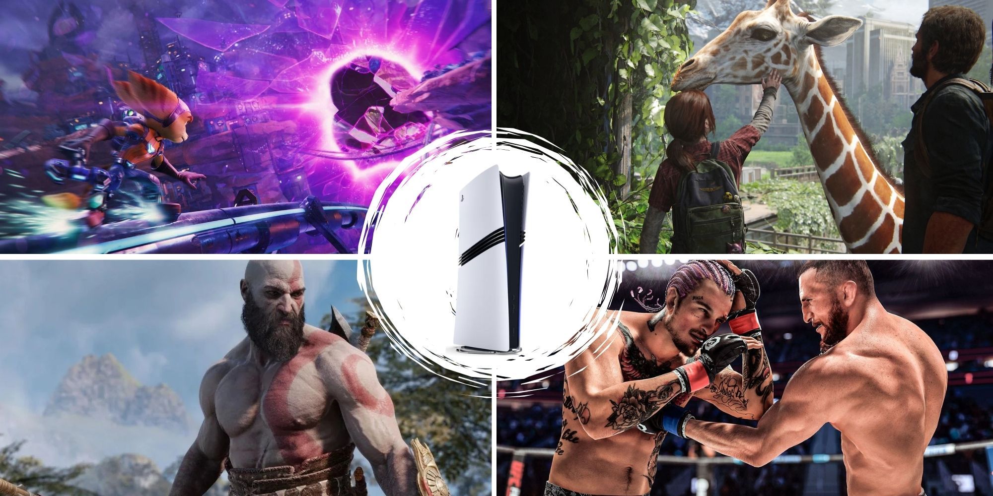 An array of games in a collage for the PS5 Pro including The Last of Us and God Of War Ragnarok
