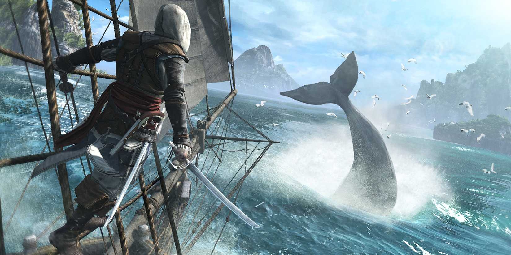 Edward watches a whale from his ship in Assassin's Creed IV: Black Flag