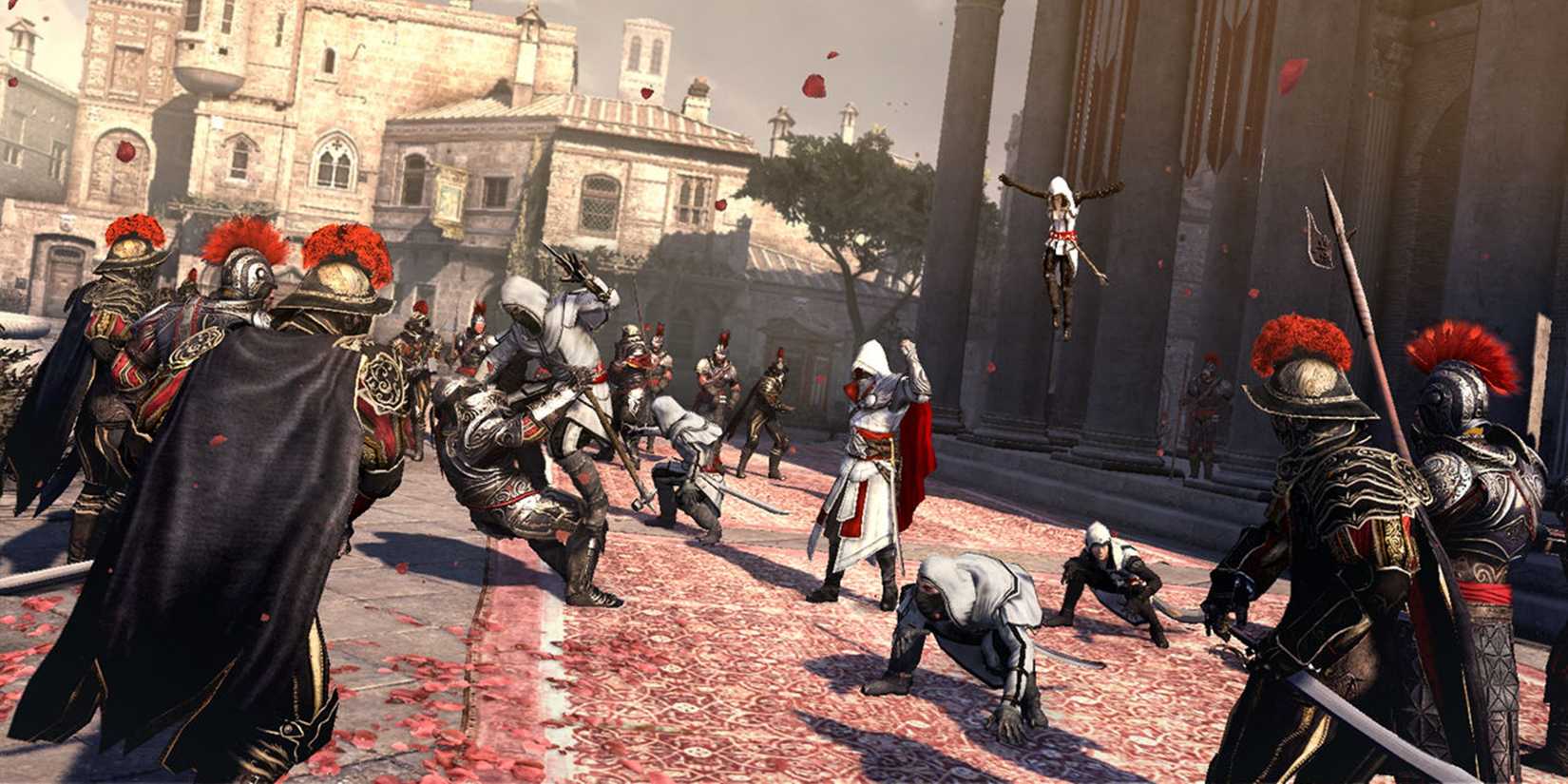 Ezio Auditore defeating guards with help from friends in Assassin's Creed Brotherhood