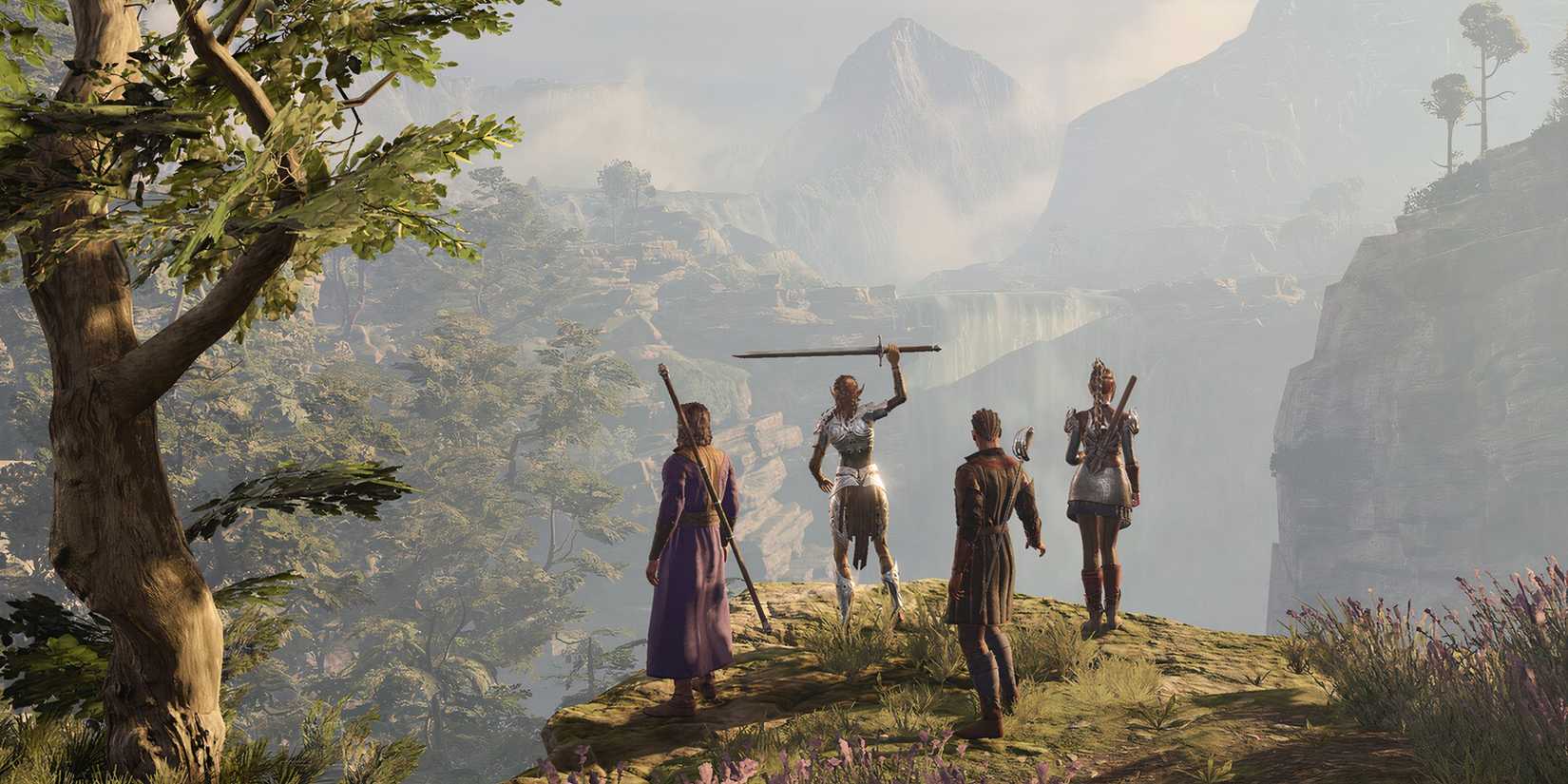 baldur's gate 3 protagonist with character companions on the hill