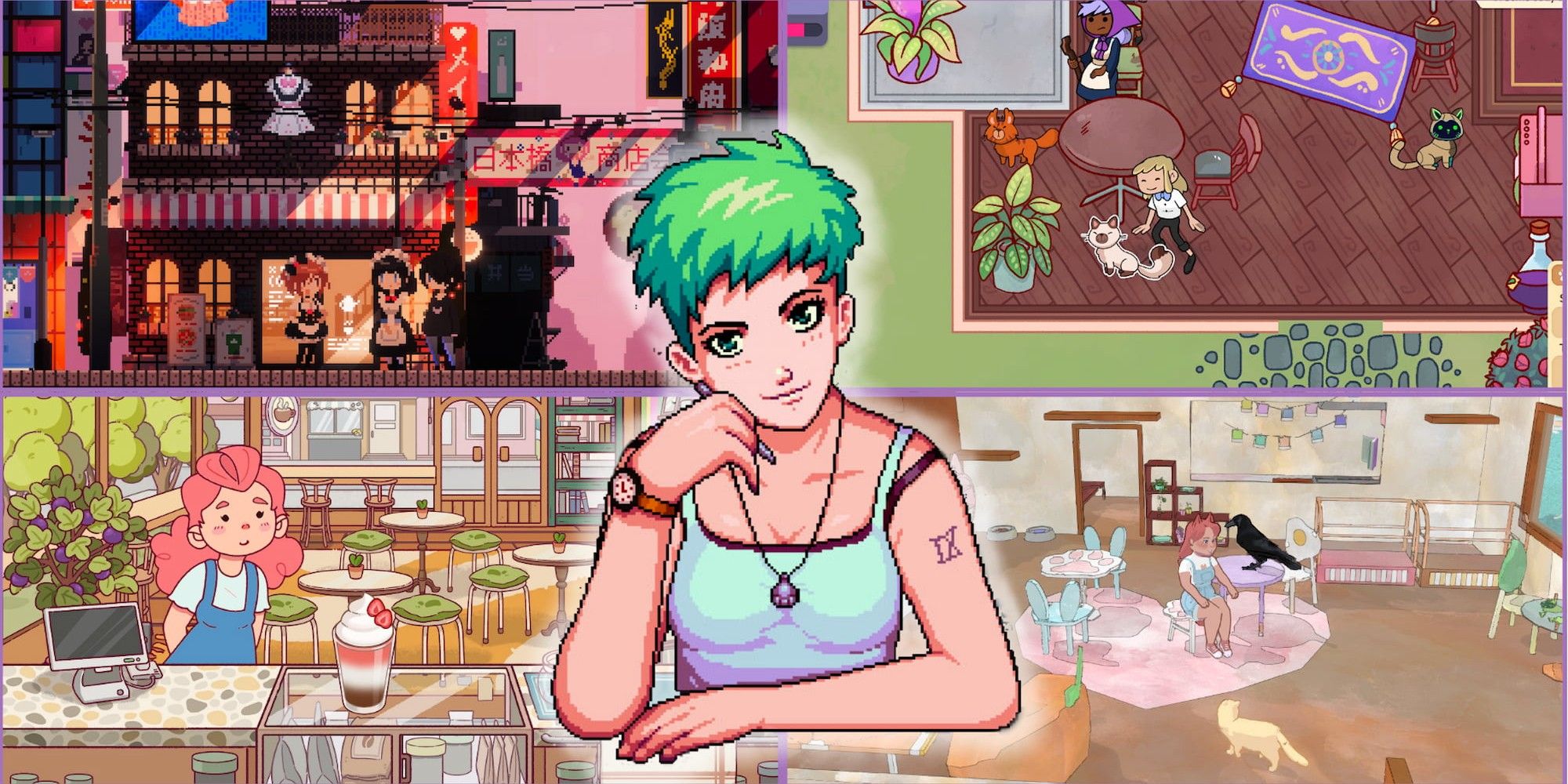 Best Coffee Shop Simulators Collage with Images from Maid Cafe on Electric Street, Cat Cafe Manager, Good Coffee Great Coffee, Calico, and Coffee Talk