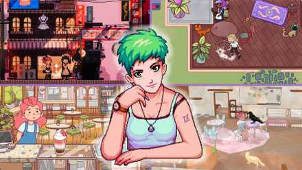 Best Coffee Shop Simulators Collage with Images from Maid Cafe on Electric Street, Cat Cafe Manager, Good Coffee Great Coffee, Calico, and Coffee Talk