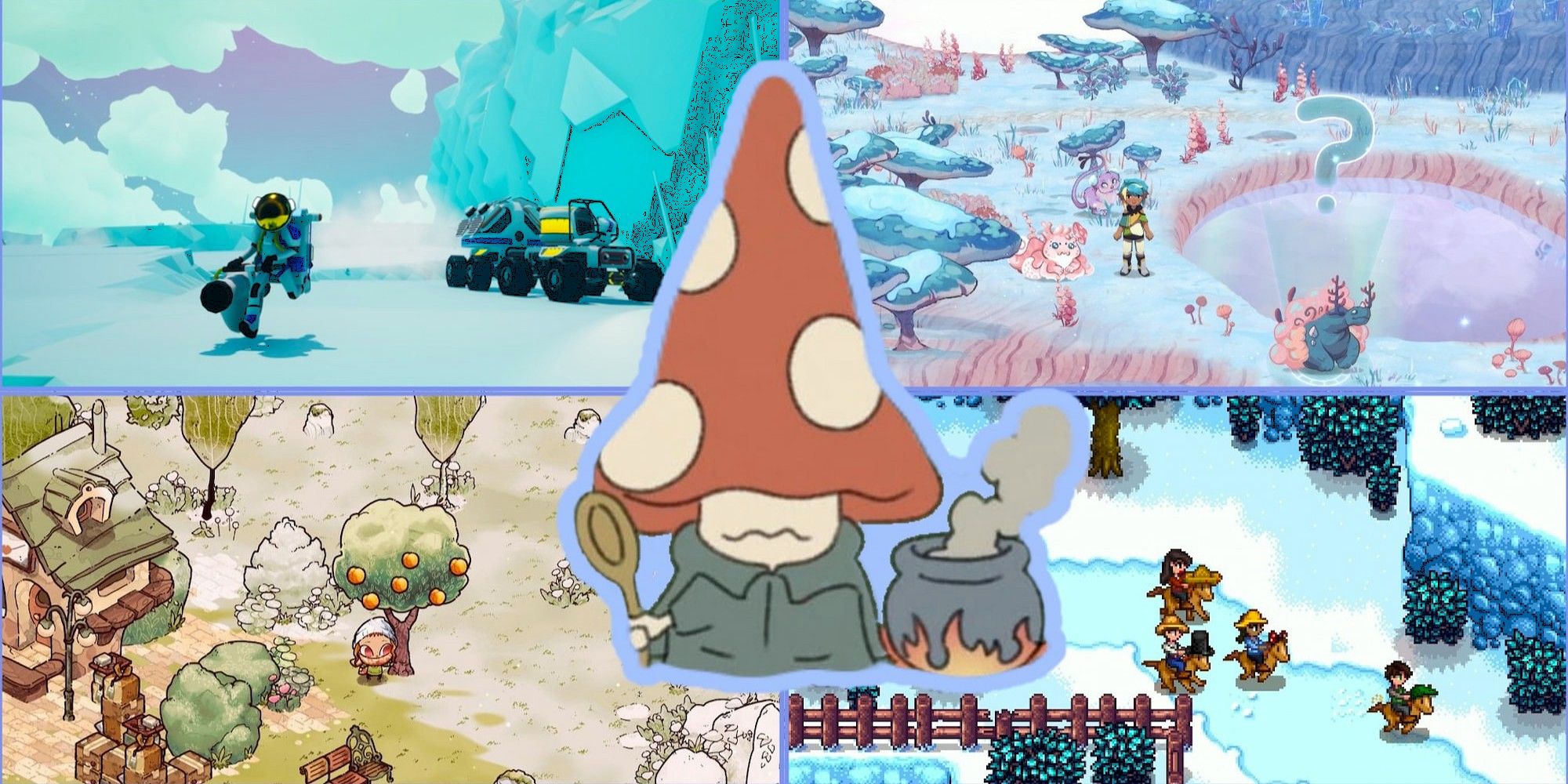 Best Cozy Games with Endless Replayability Collage with Images from Astroneer, I Was a Teenage Exocolonist, Cozy Grove, Stardew Valley, and DICEOMANCER