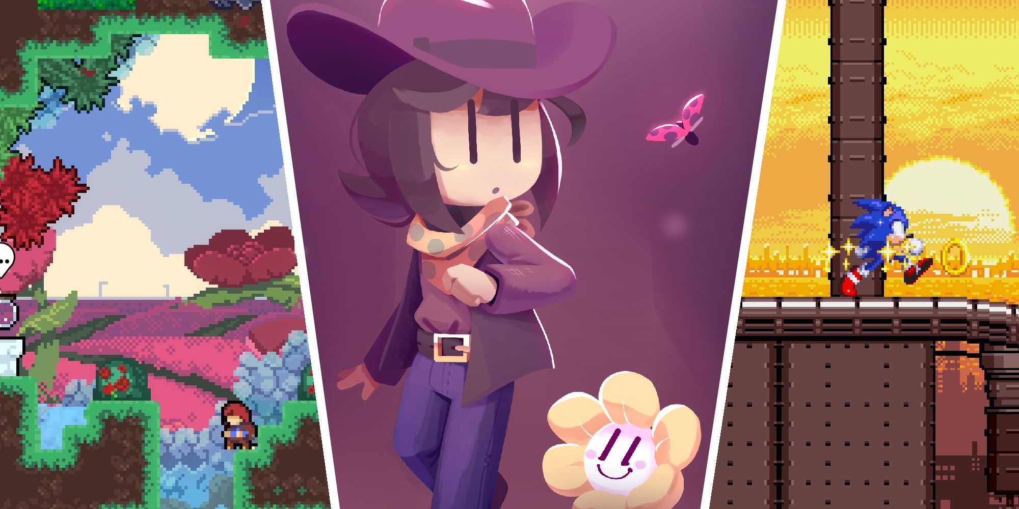 Best Fangames that Feel Official Thumbnail, featuring Celeste Strawberry Jam, Undertale Yellow, and Sonic Triple Trouble 16-bit.