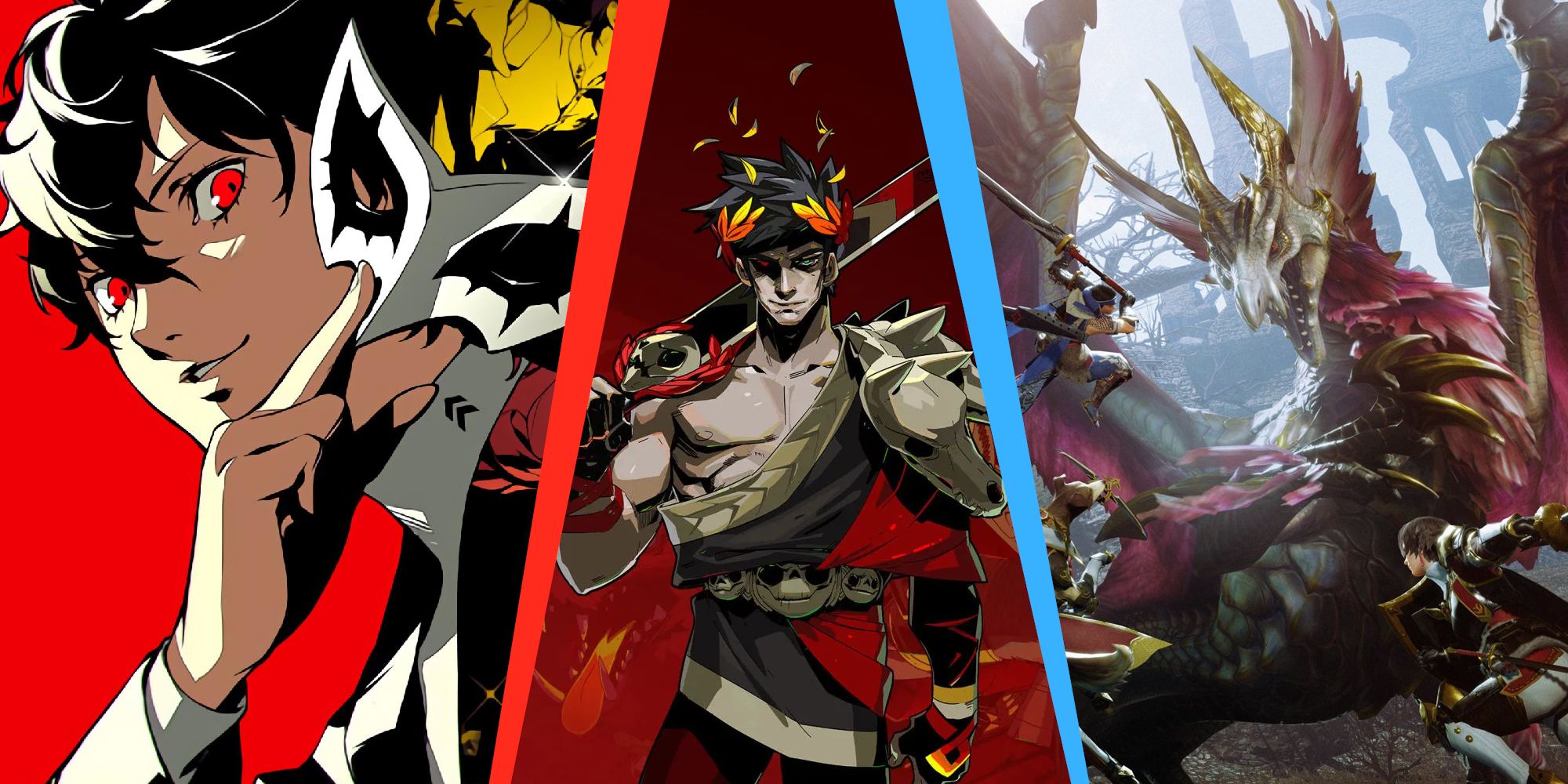 Best Games to play on a Handheld Thumbnail, featuring Persona 5 Royal, Hades, and Monster Hunter Rise.