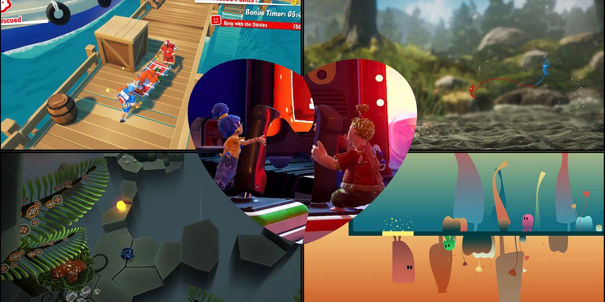 Co-op Nintendo Games For Couples Collage with Images from The Stretchers, Unravel Two, Pode, Ibb & Obb, and It Takes Two