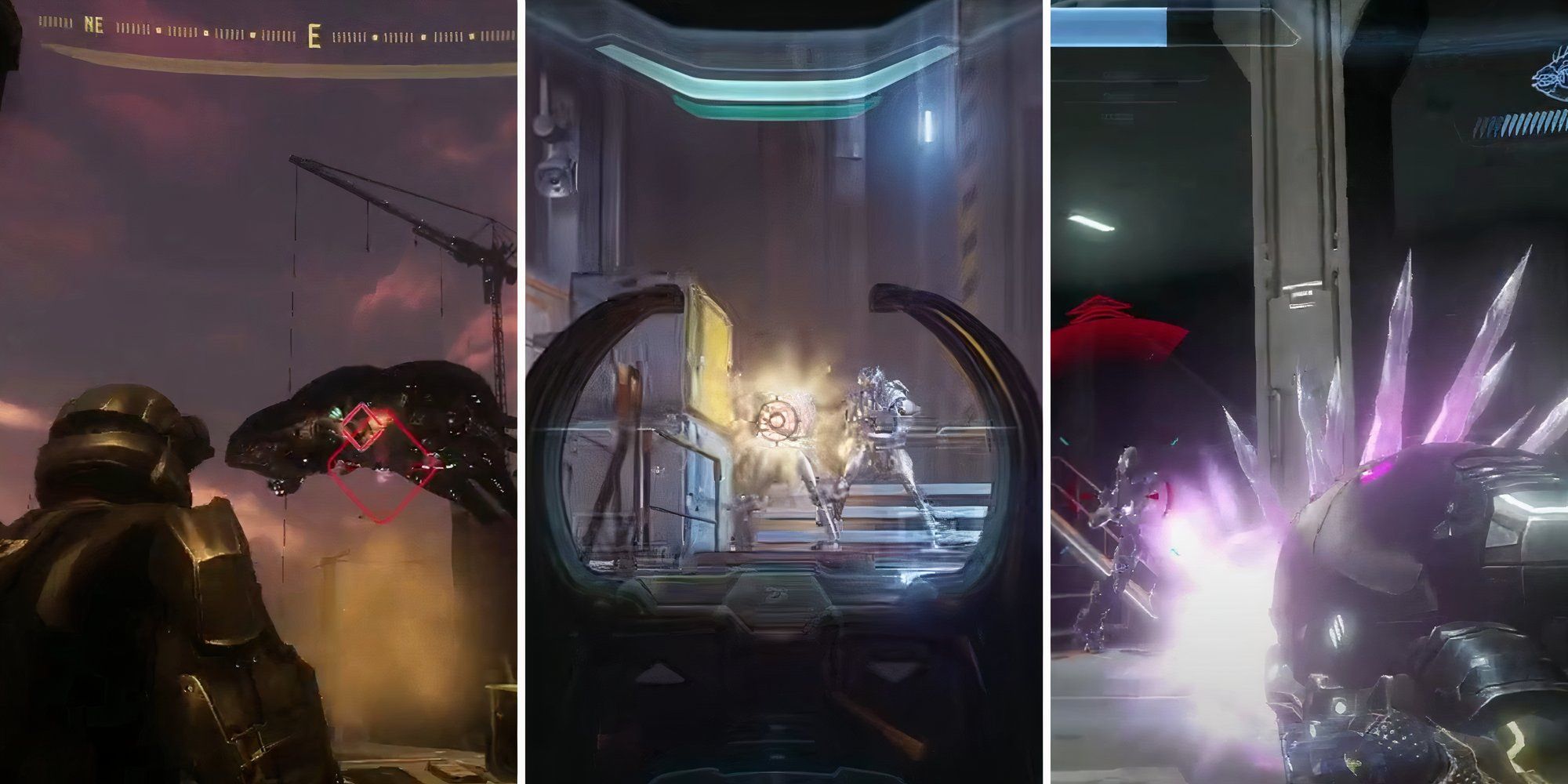 Split image of Halo series characters firing at enemies
