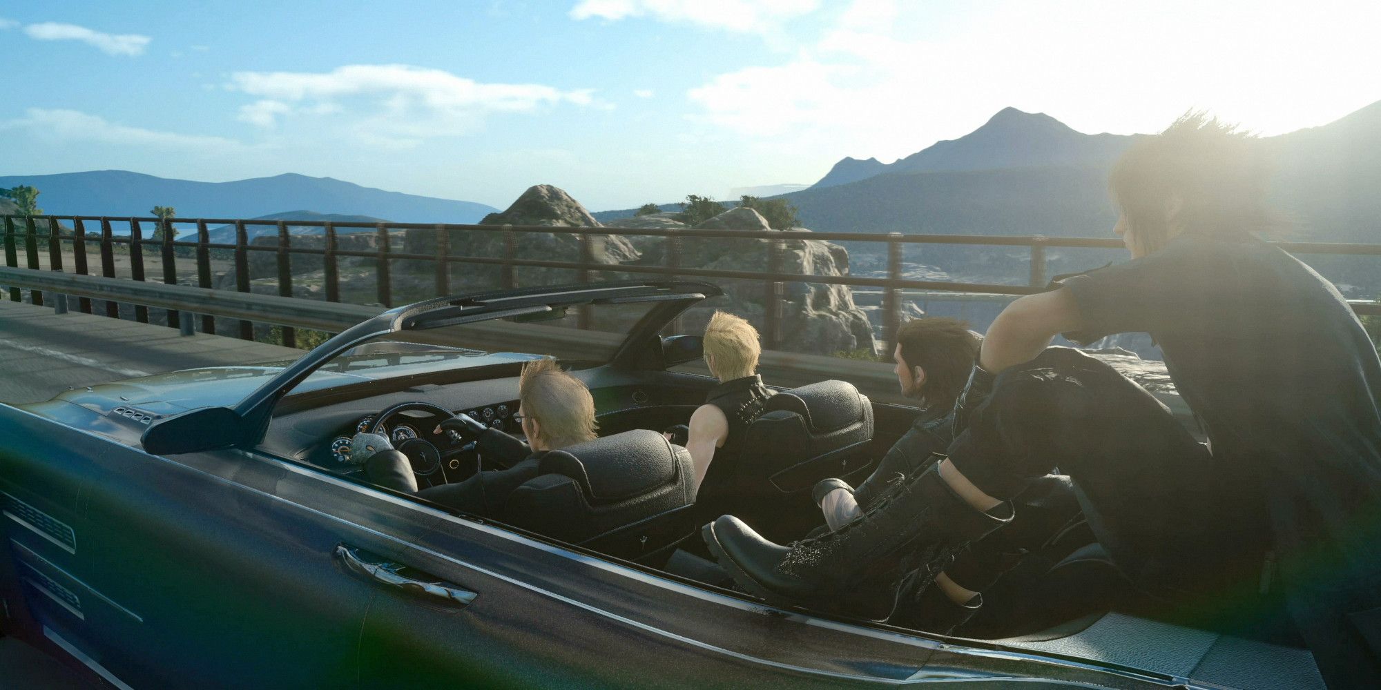Final Fantasy XV Ignis, Gladiolus, Noct, and Prompto Sitting In Regalia