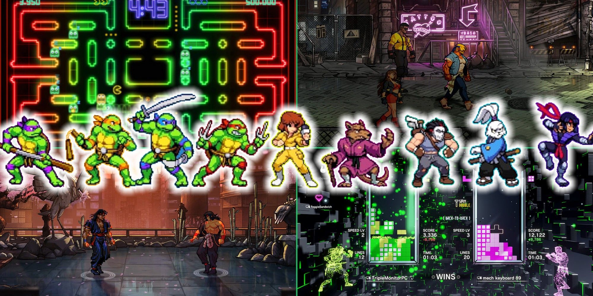 Games That Revamp Arcade Classics Collage with Images from PAC-MAN Championship Edition DX, Streets of Rage 4, Tetris Effect Connected, and Teenage Mutant Ninja Turtles Shredder's Revenge