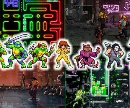 Games That Revamp Arcade Classics Collage with Images from PAC-MAN Championship Edition DX, Streets of Rage 4, Tetris Effect Connected, and Teenage Mutant Ninja Turtles Shredder's Revenge