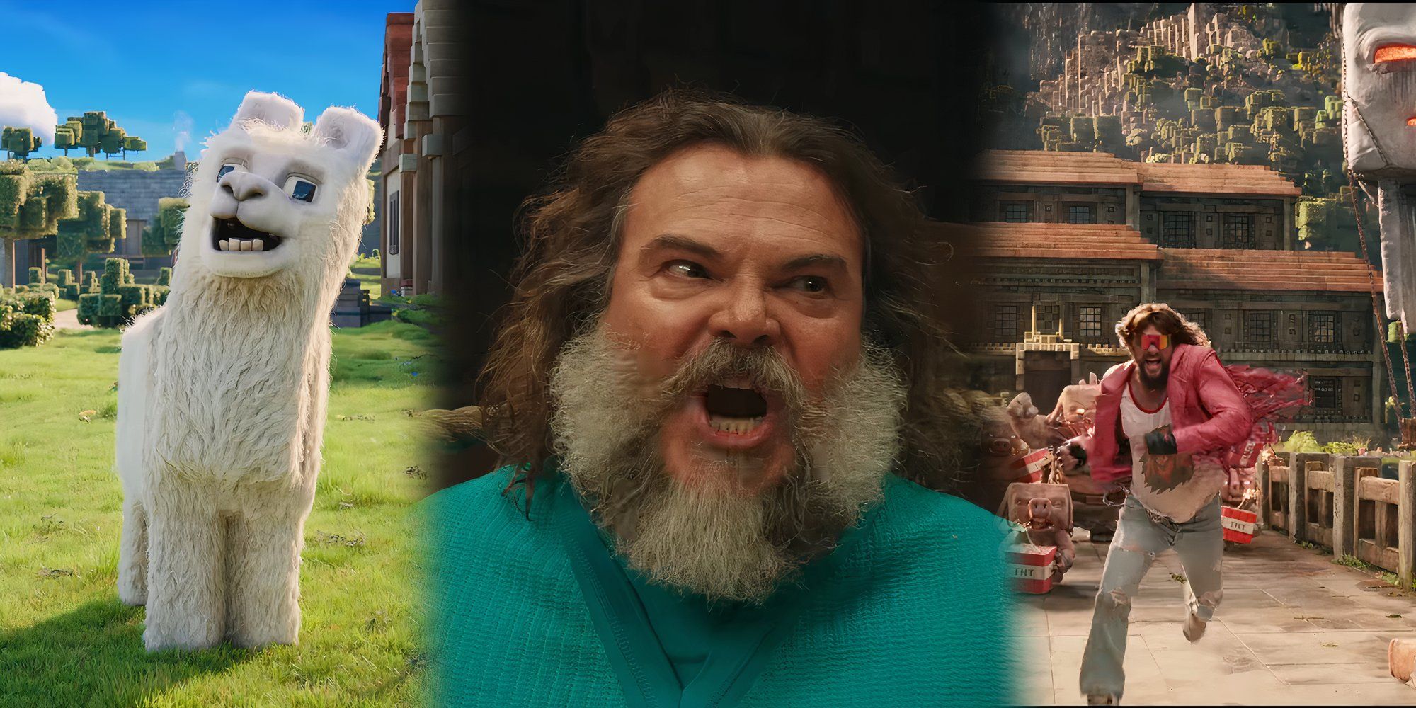 A lama, Steve (Jack Black), and Garrett (Jason Momoa) from A Minecraft Movie.