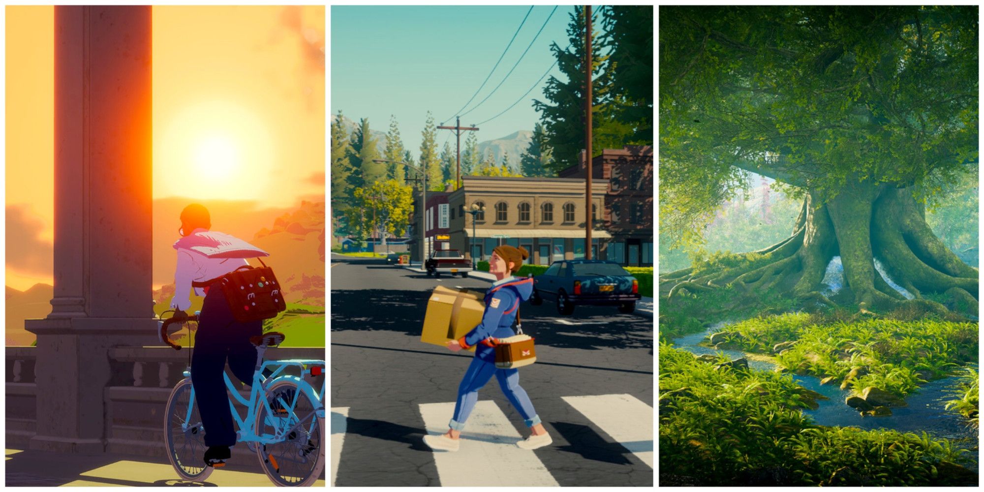 Split image cozy game screenshots bike riding, delivering a package, and a giant tree