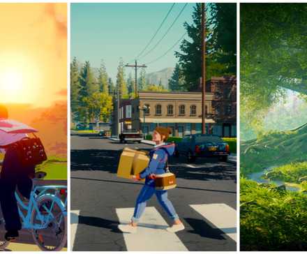 Split image cozy game screenshots bike riding, delivering a package, and a giant tree