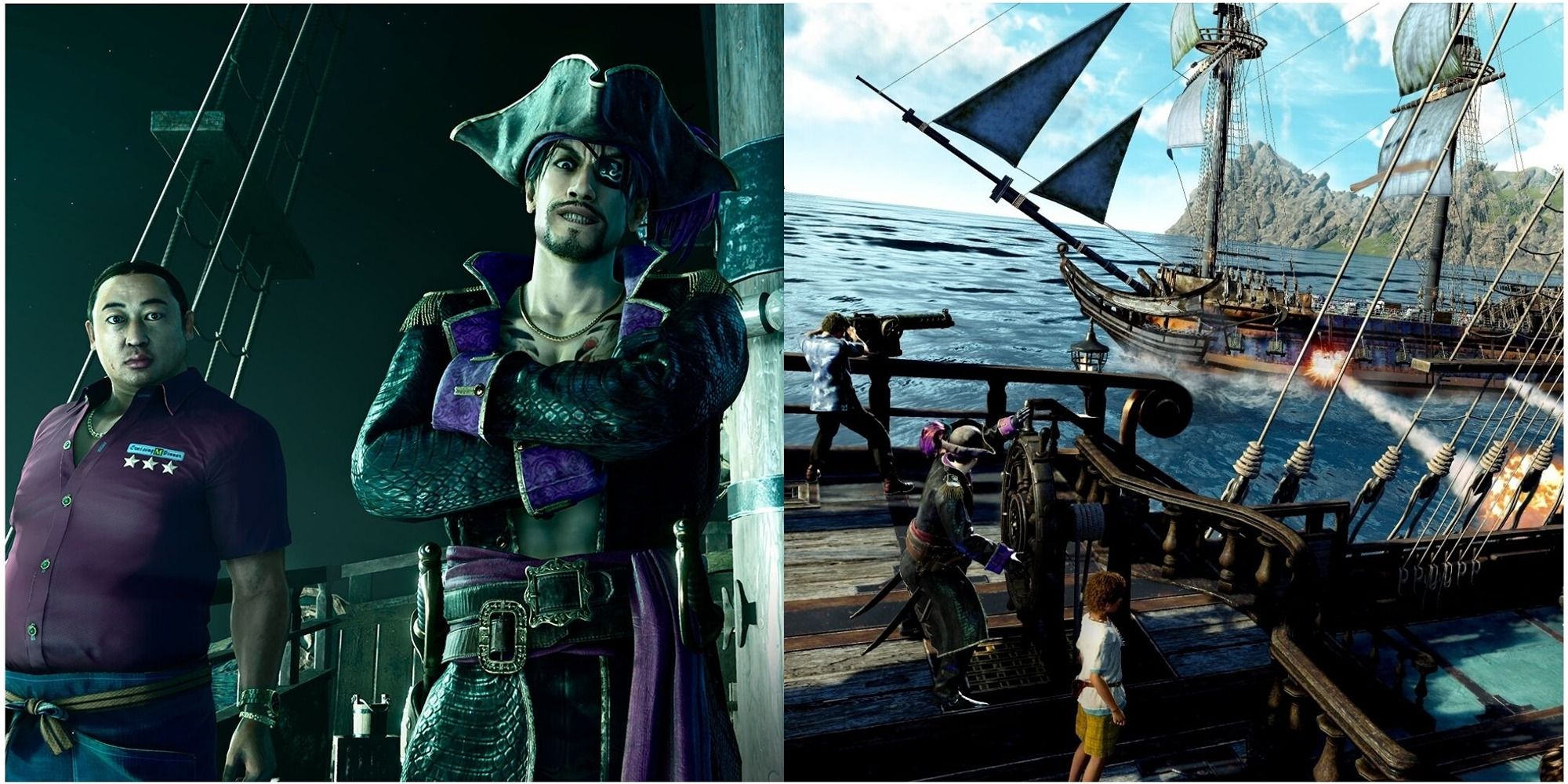 Split image Like A Dragon: Pirate Yakuza In Hawaii Majima's crew and Majima sailing the ship