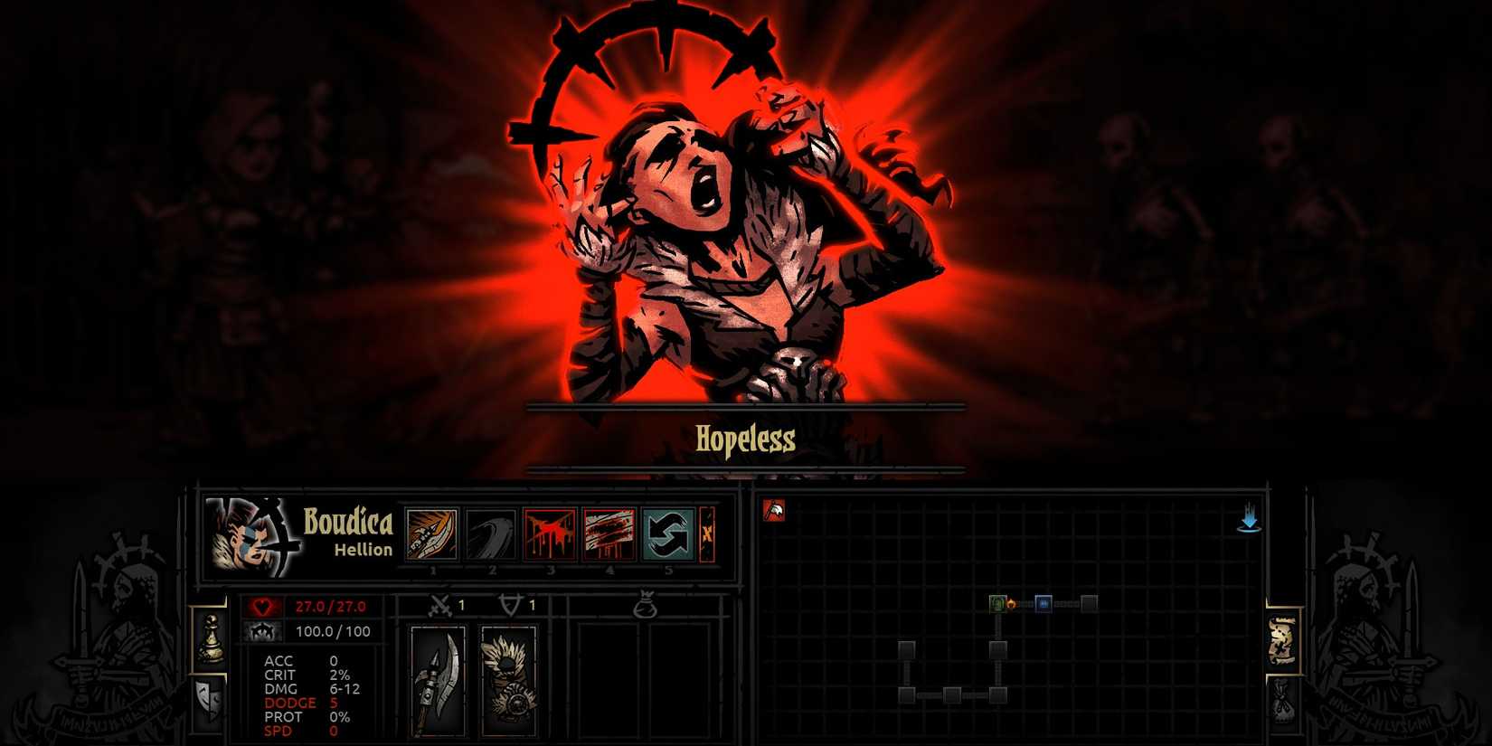 Helion afflicted with Hopeless in Darkest Dungeon